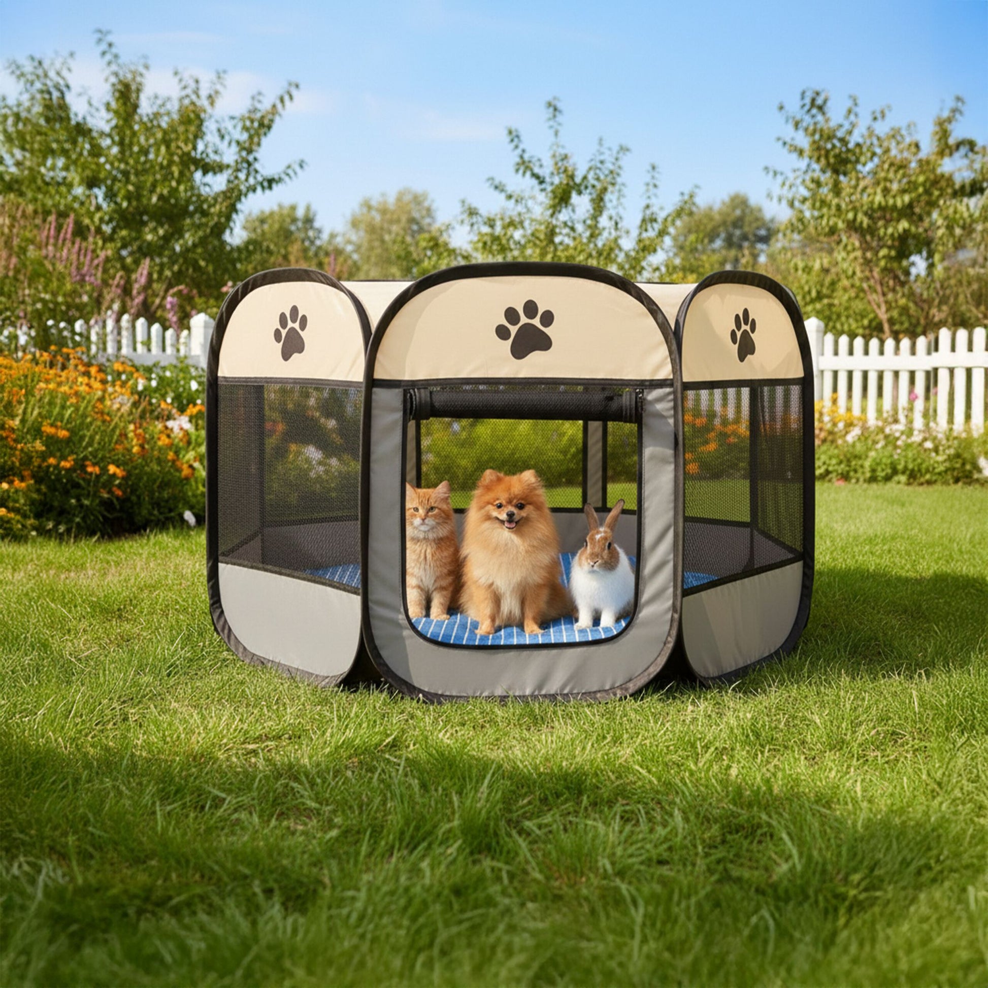 Faltbarer Welpenauslauf indoor & outdoor Creme-Schwarz-Grau von Relaxdays