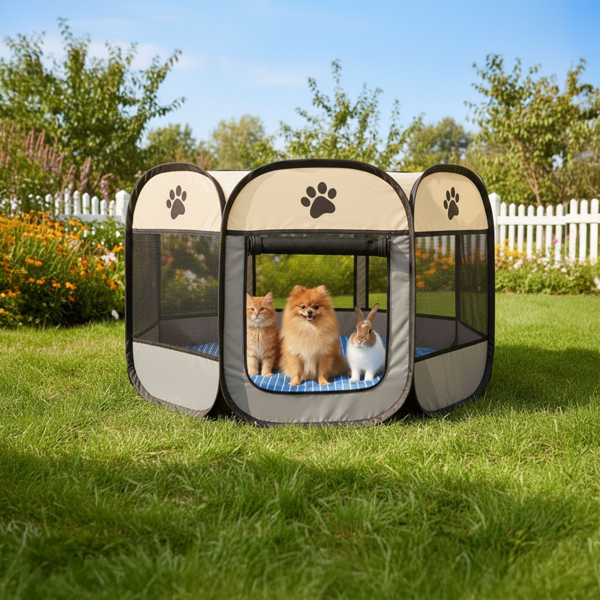 Faltbarer Welpenauslauf indoor & outdoor Creme-Schwarz-Grau von Relaxdays