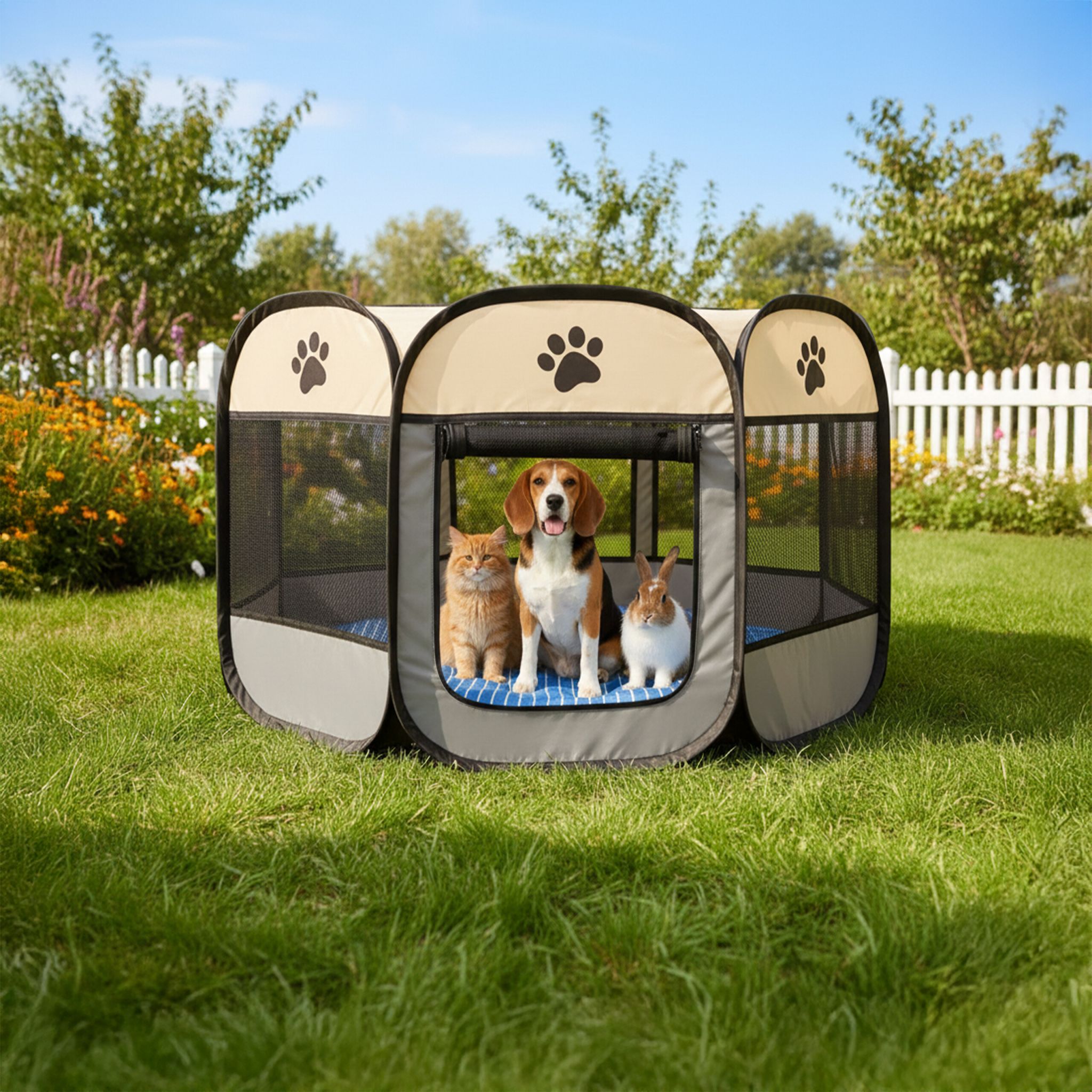 Faltbarer Welpenauslauf indoor & outdoor Creme-Schwarz-Grau von Relaxdays