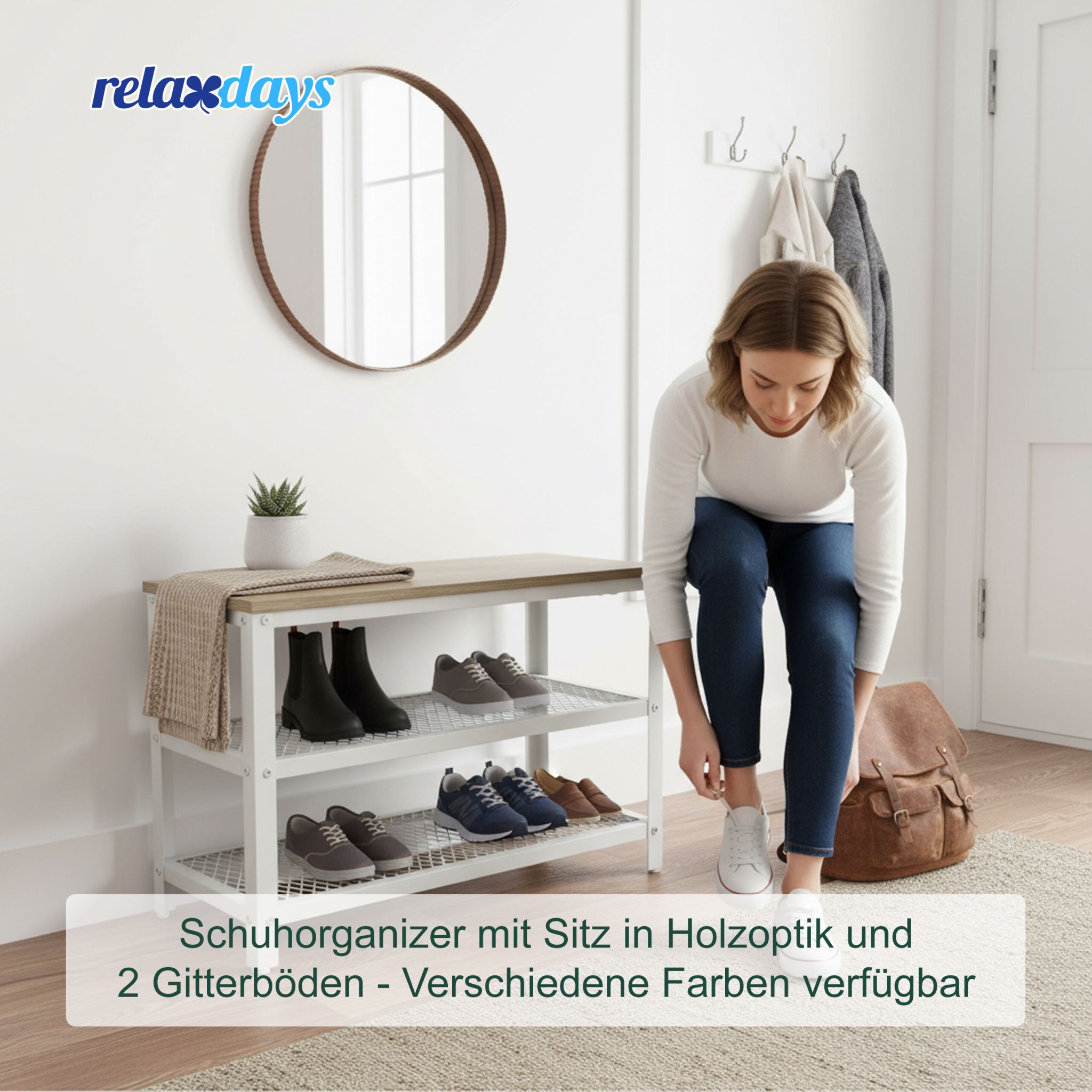 Schuhbank mit 2 Schuhablagen Weiss-Hellbraun von Relaxdays