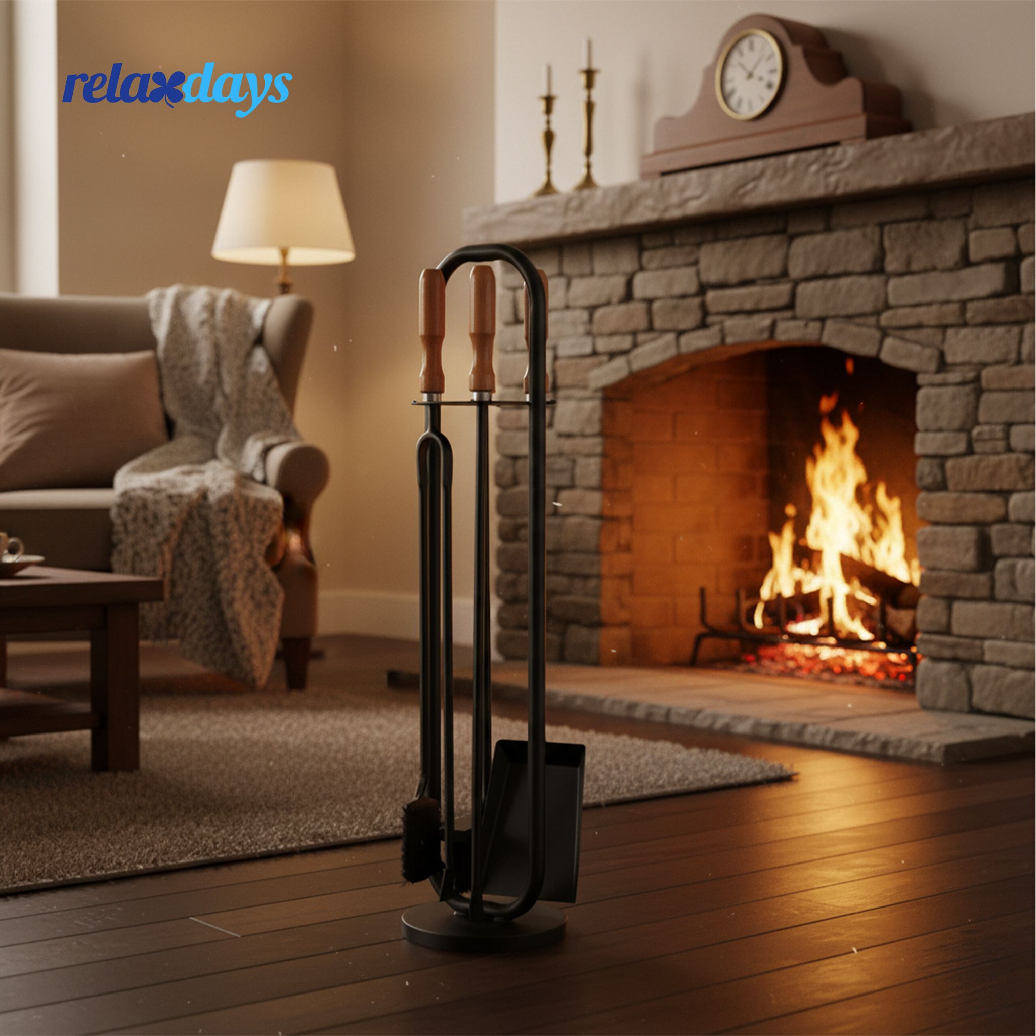 Kaminbesteck 5tlg. mit Holzgriffen Hellbraun-Schwarz von Relaxdays