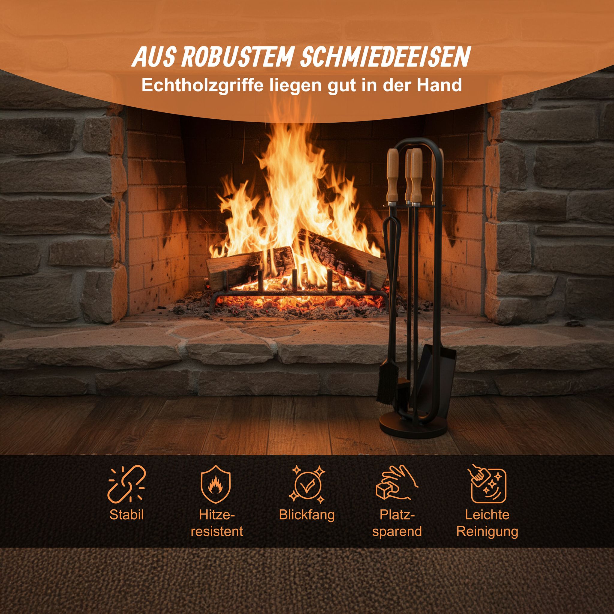 Kaminbesteck 5tlg. mit Holzgriffen Hellbraun-Schwarz von Relaxdays