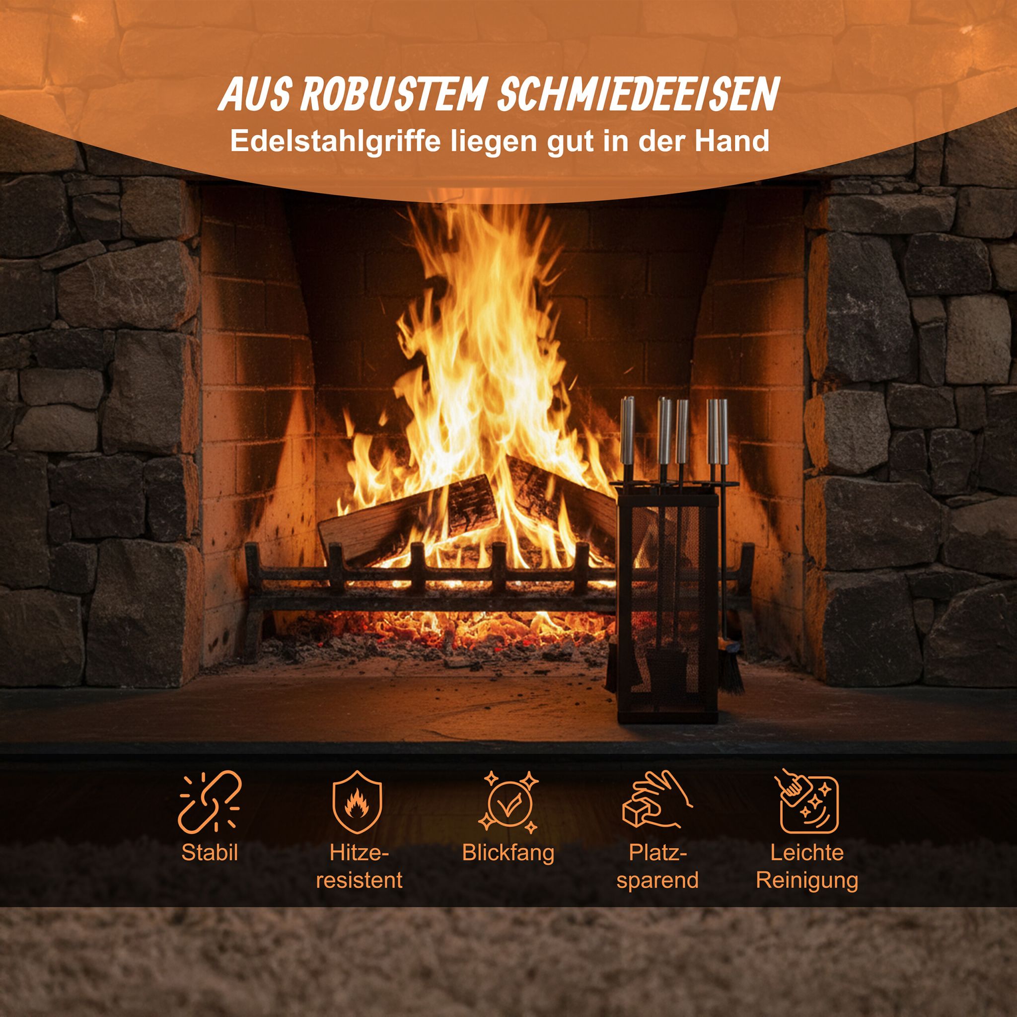 Kaminbesteck 5tlg. Edelstahlgriff Schwarz-Silber von Relaxdays