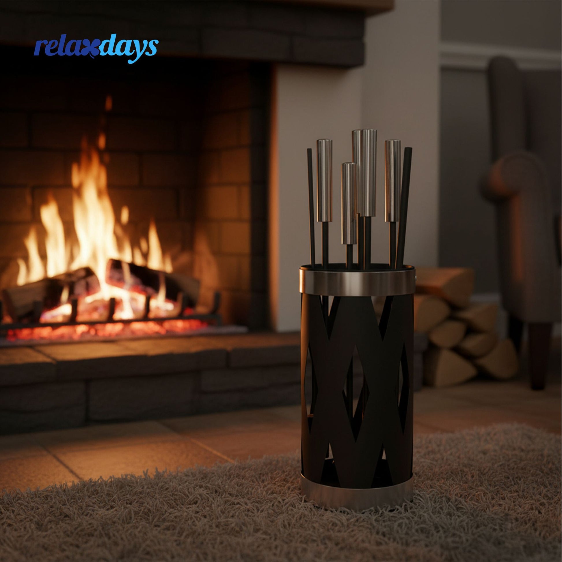 Kaminbesteck Eisen & Edelstahl 5-tlg. Schwarz-Silber von Relaxdays