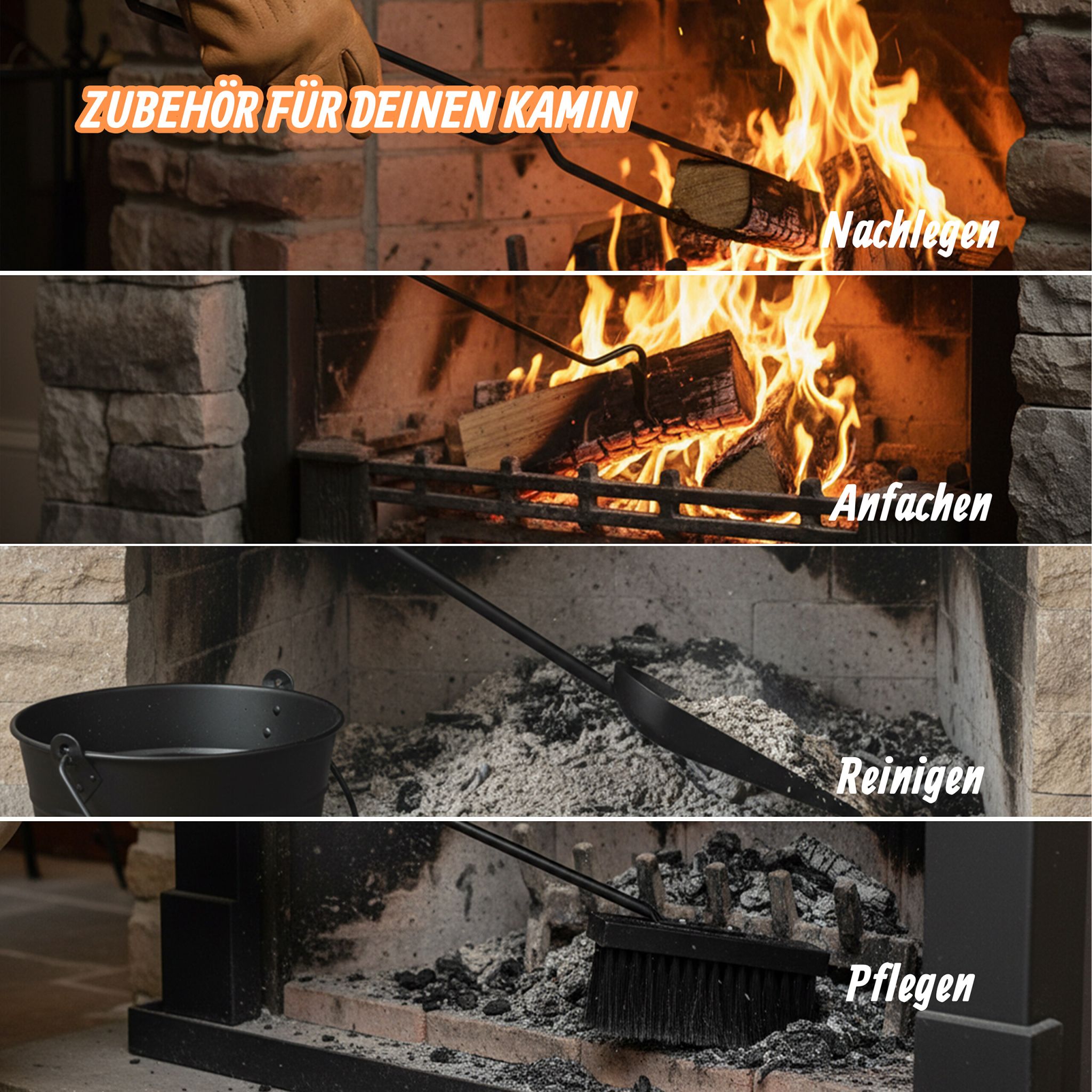 Kaminbesteck Eisen & Edelstahl 5-tlg. Schwarz-Silber von Relaxdays