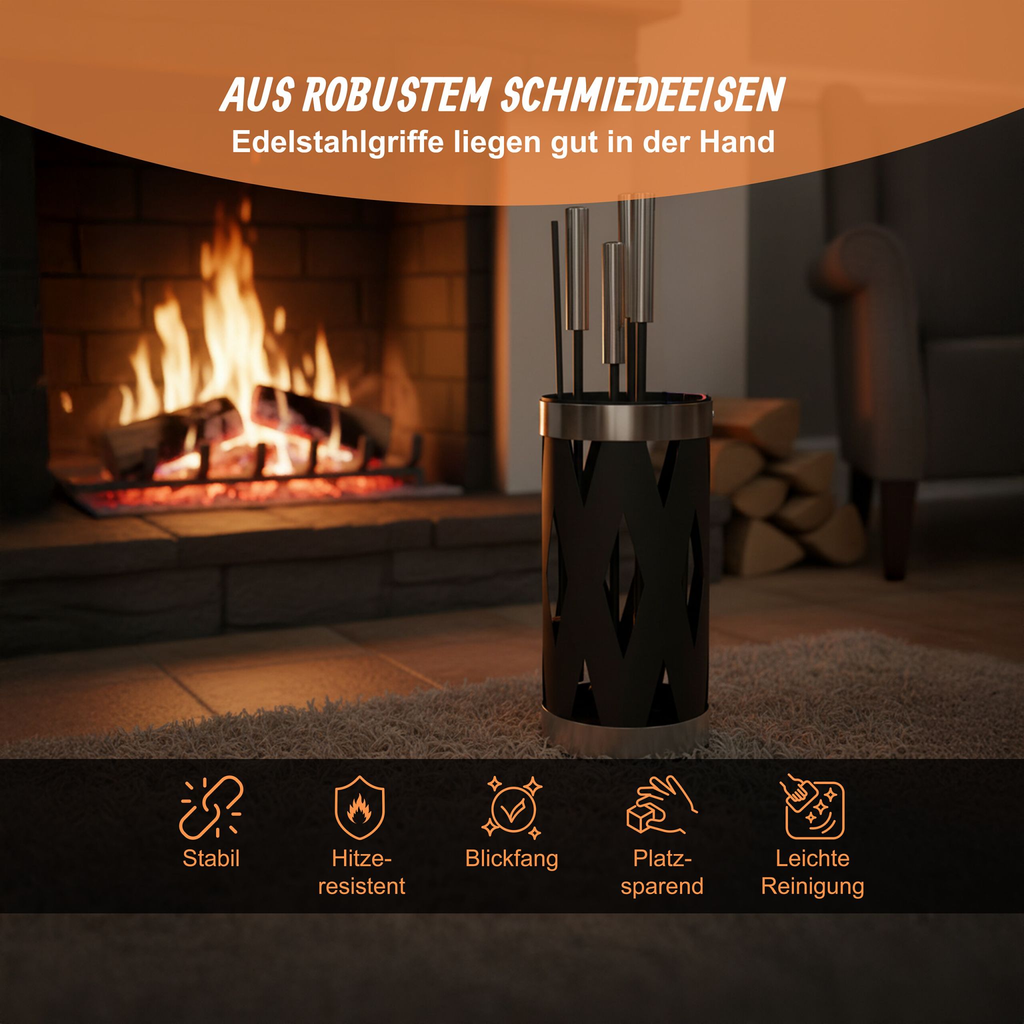 Kaminbesteck Eisen & Edelstahl 5-tlg. Schwarz-Silber von Relaxdays