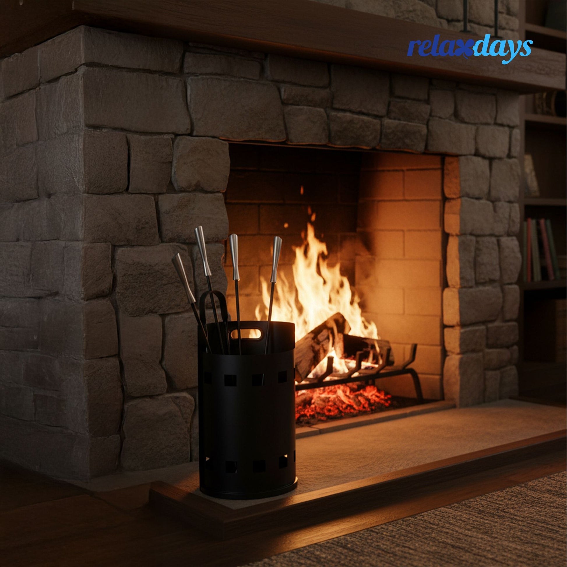 Kaminbesteck 5tlg. mit Behälter Schwarz-Silber von Relaxdays
