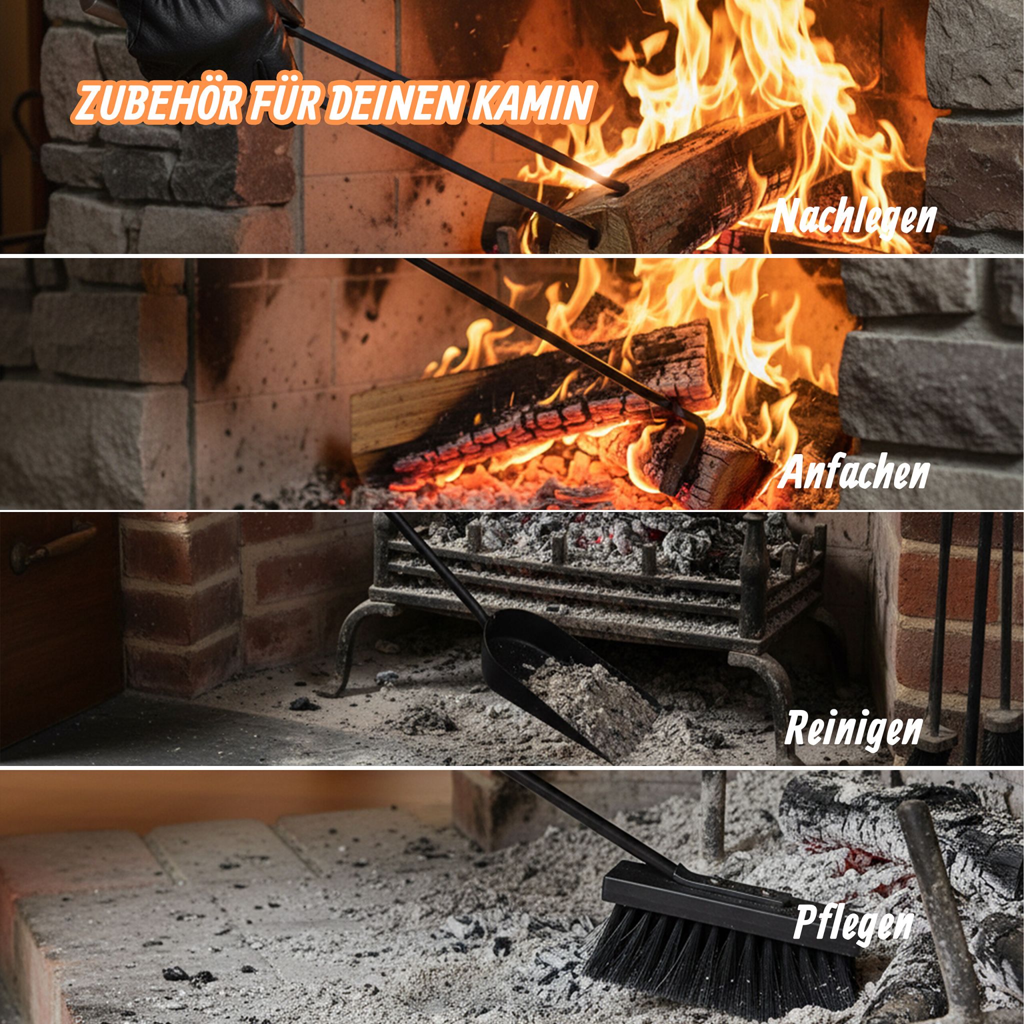 Kaminbesteck 5tlg. mit Behälter Schwarz-Silber von Relaxdays