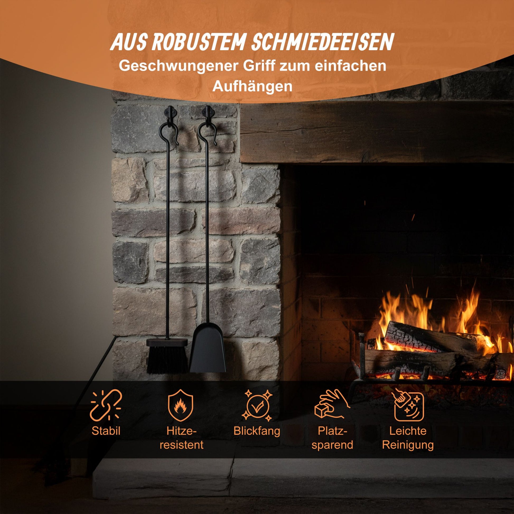 Kamin Kehrset Besen und Schaufel Schwarz von Relaxdays