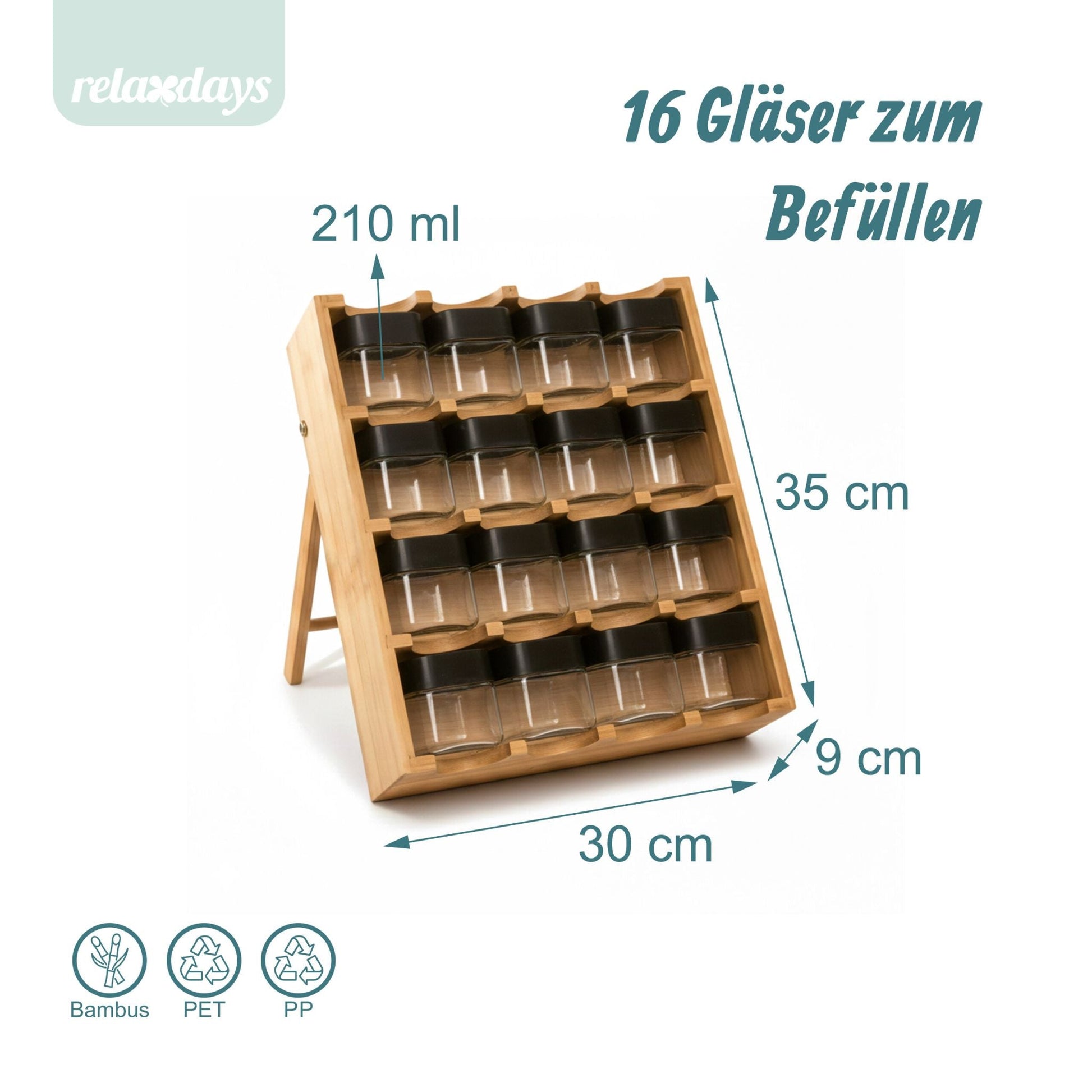 Gewürzregal Bambus mit 16 Gläsern Hellbraun-Schwarz-Transparent von Relaxdays