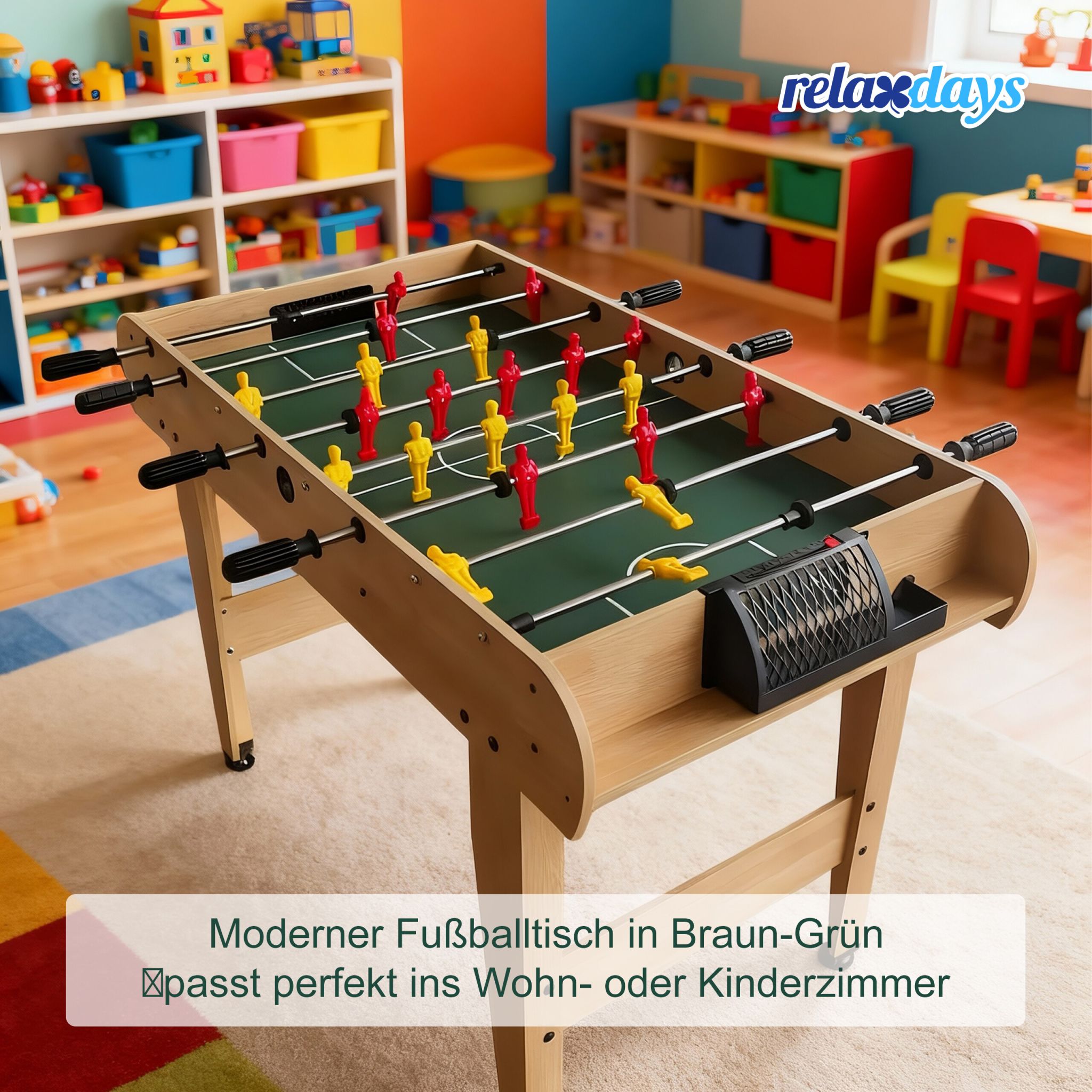 Kickertisch in Holzoptik Dunkelgrün-Hellbraun-Rot von Relaxdays