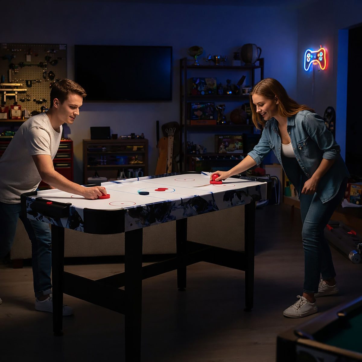 Airhockey Tisch für Kinder mit Gebläse Weiss-Rot-Schwarz von Relaxdays