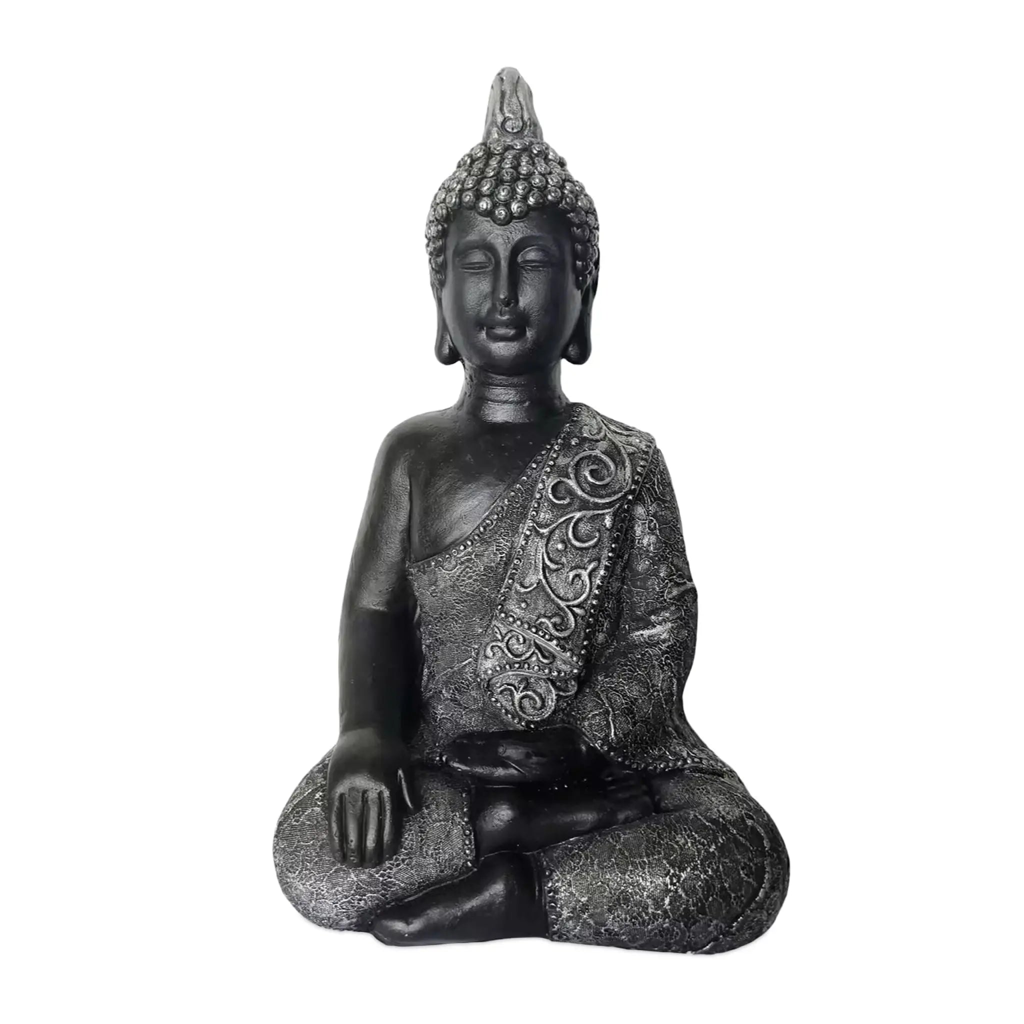 Buddha Figur 45cm Schwarz-Silber von Relaxdays