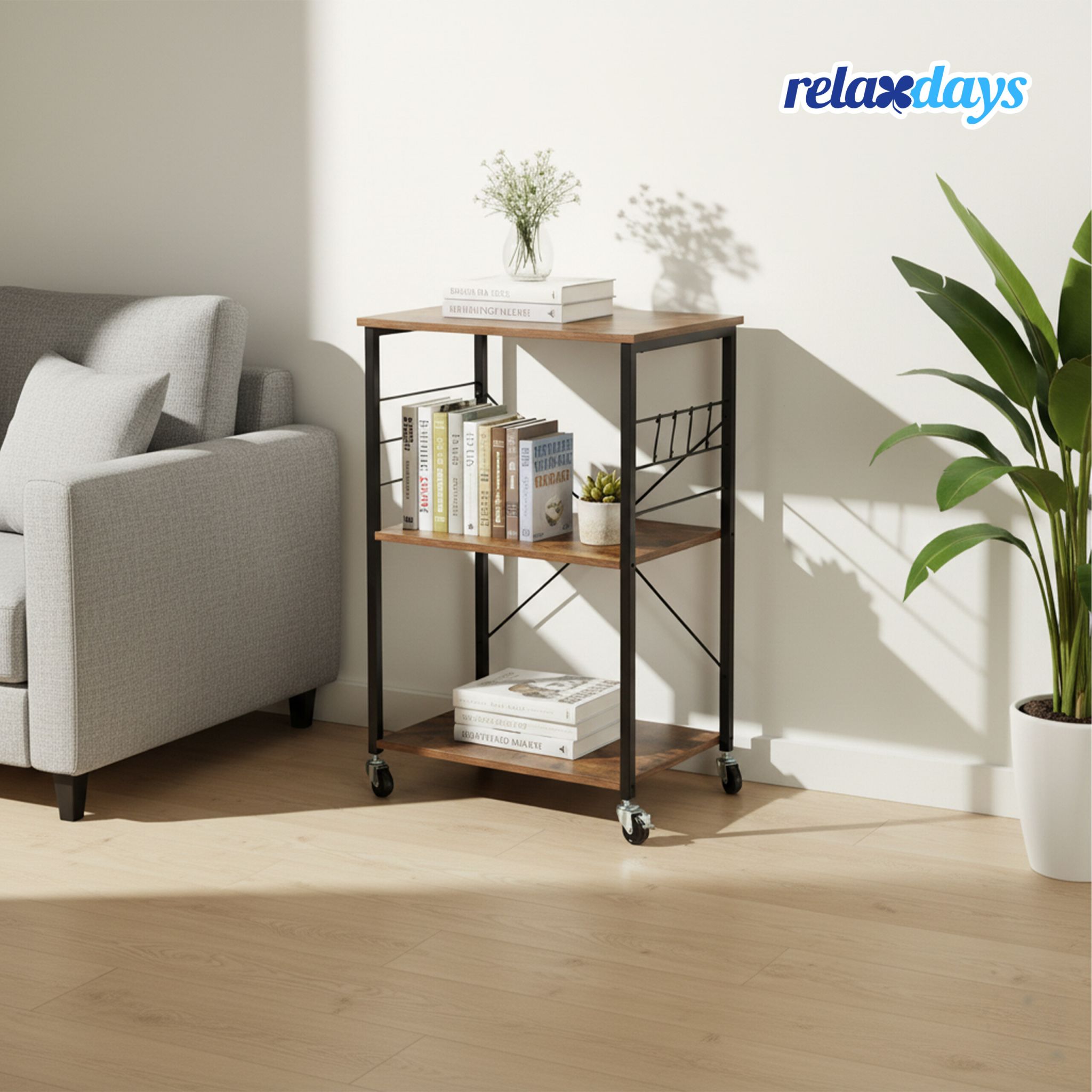Rollwagen 3 Ebenen Industrial Braun-Schwarz von Relaxdays