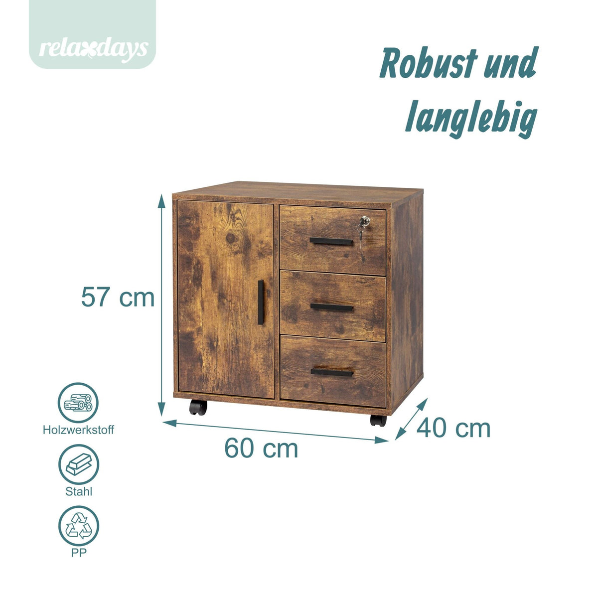 Abschliessbarer Rollcontainer Braun-Schwarz von Relaxdays