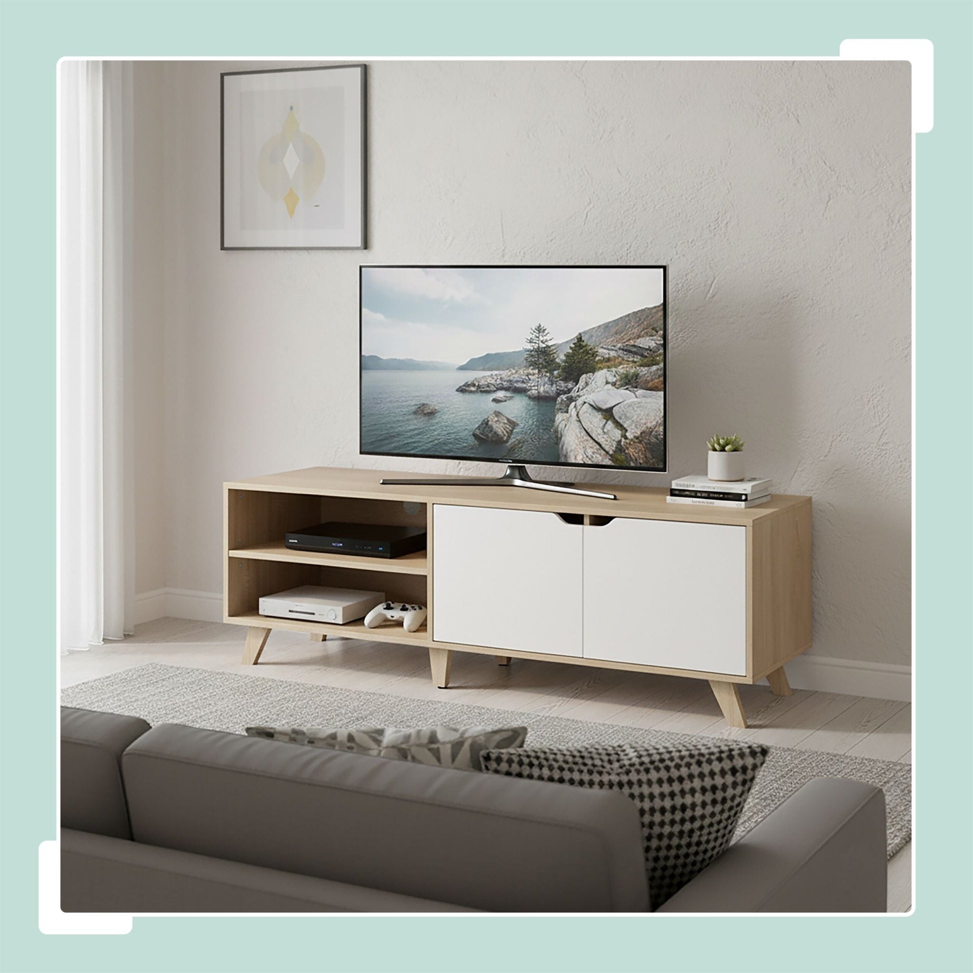 TV Lowboard 6 Fächer Weiss-Hellbraun von Relaxdays