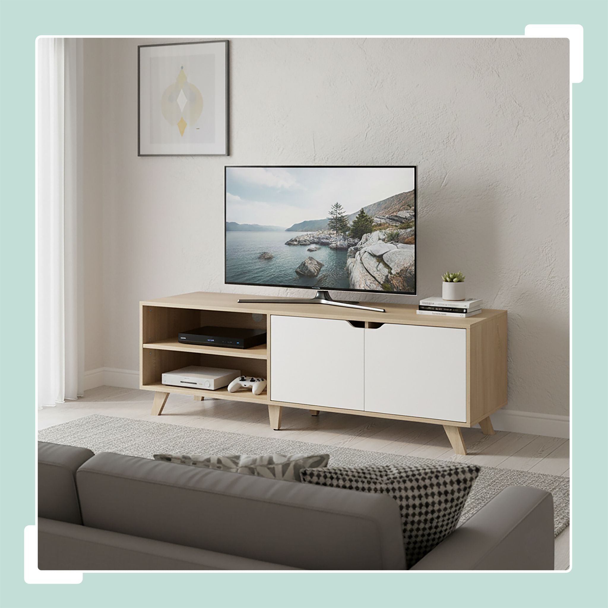TV Lowboard 6 Fächer Weiss-Hellbraun von Relaxdays