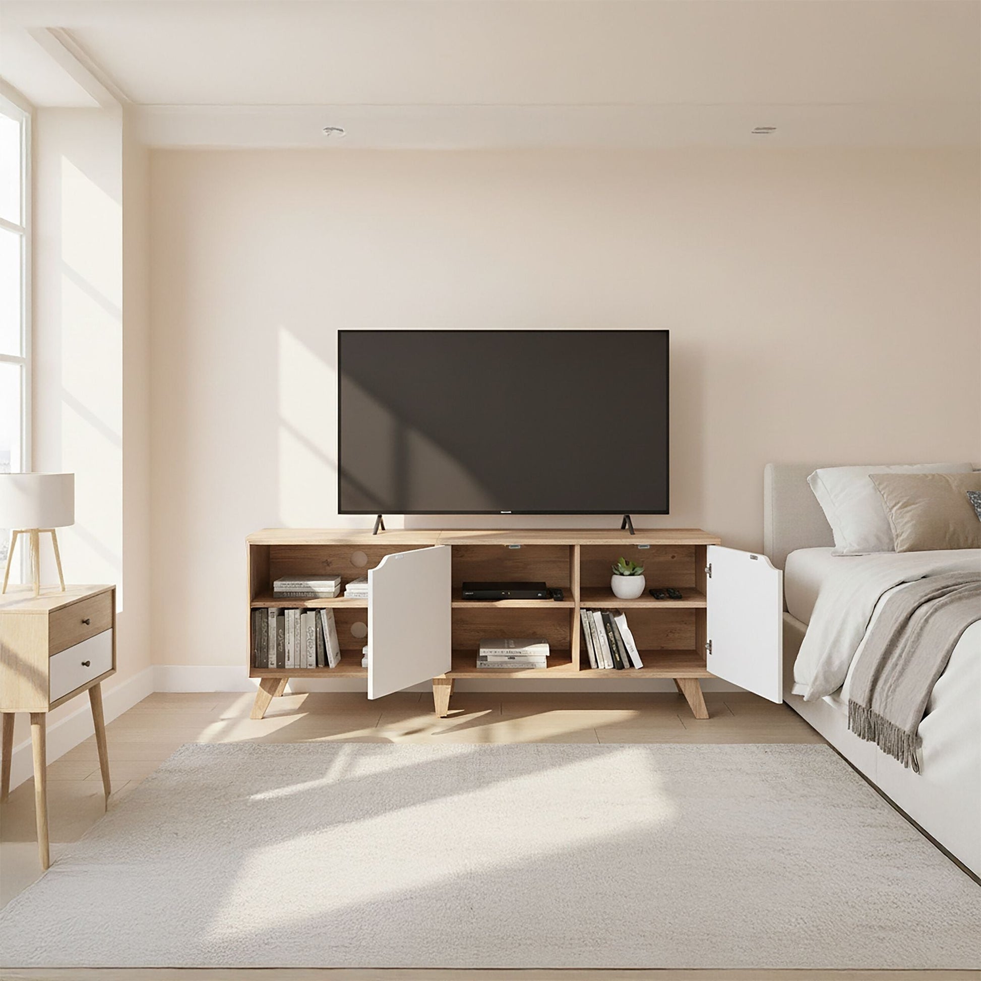 TV Lowboard 6 Fächer Weiss-Hellbraun von Relaxdays