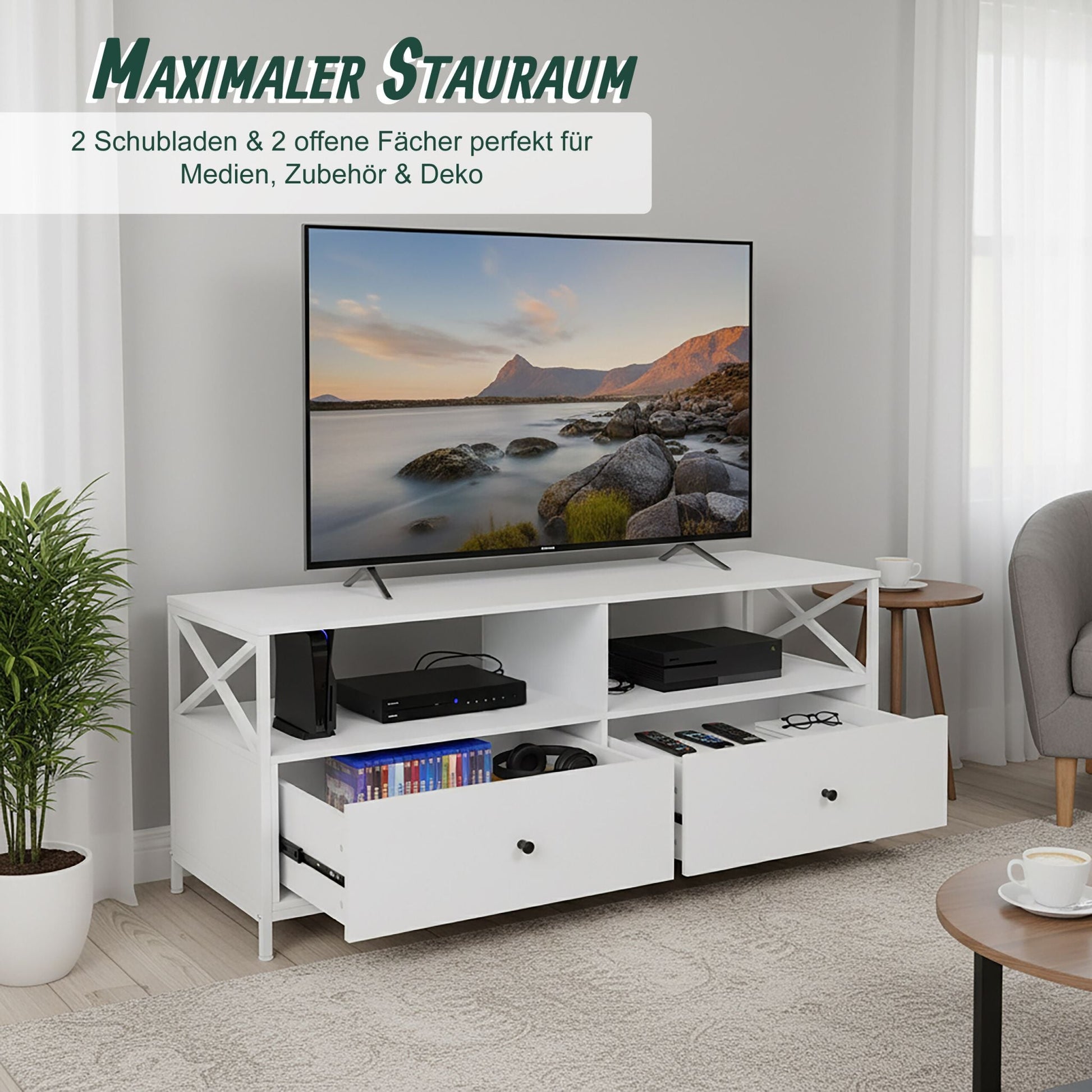 TV Lowboard mit Schubladen Weiss von Relaxdays