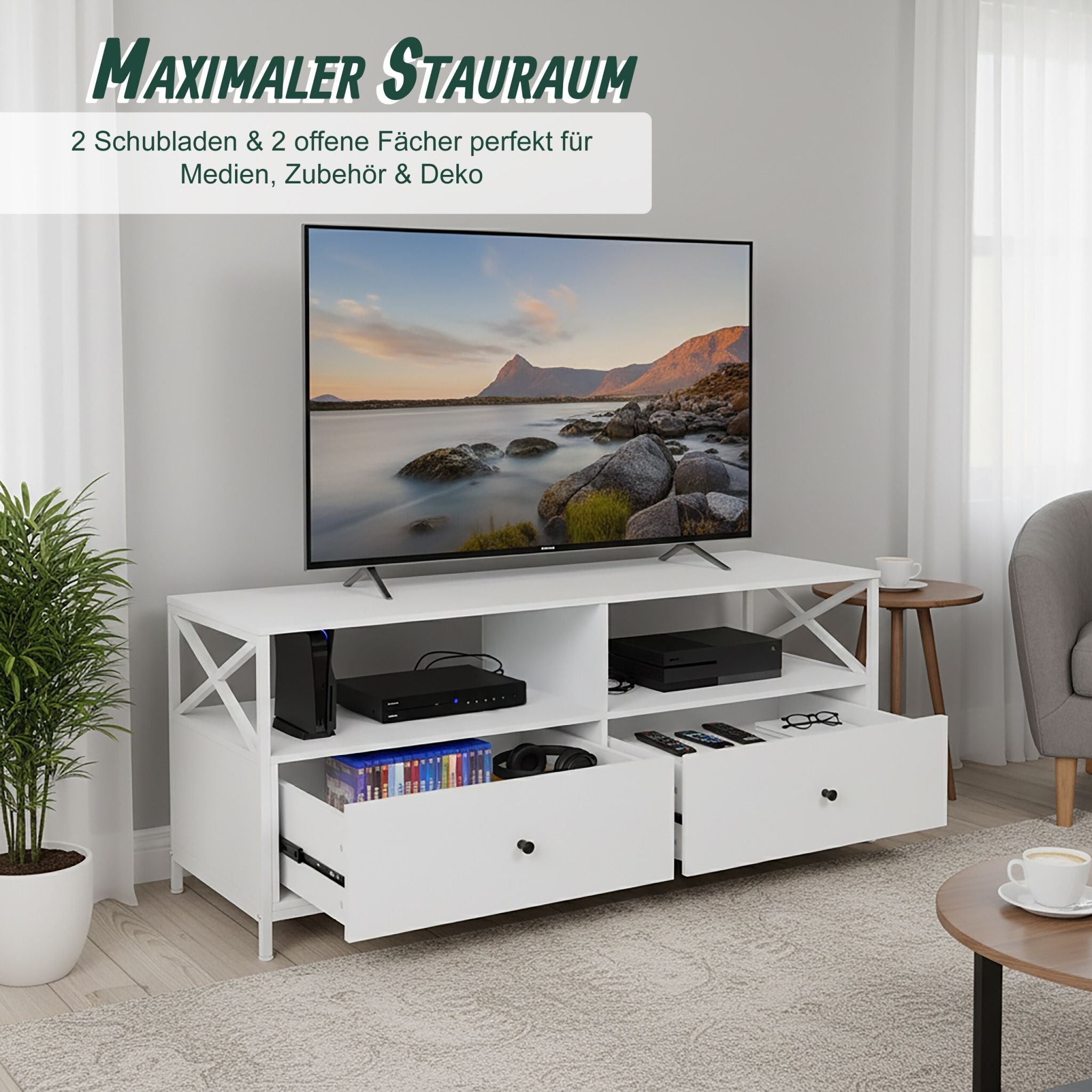 TV Lowboard mit Schubladen Weiss von Relaxdays