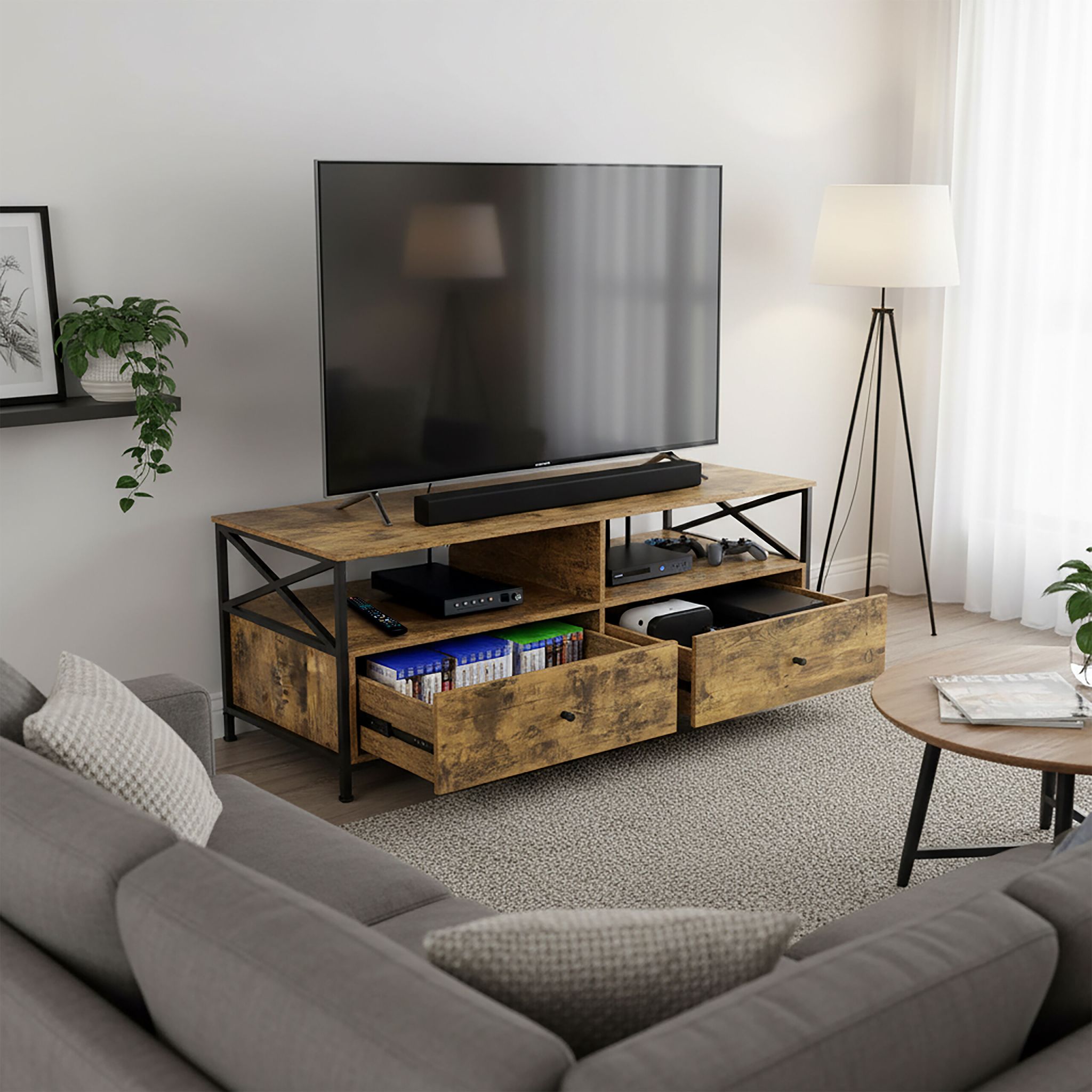 TV Lowboard mit Schubladen Braun-Schwarz von Relaxdays