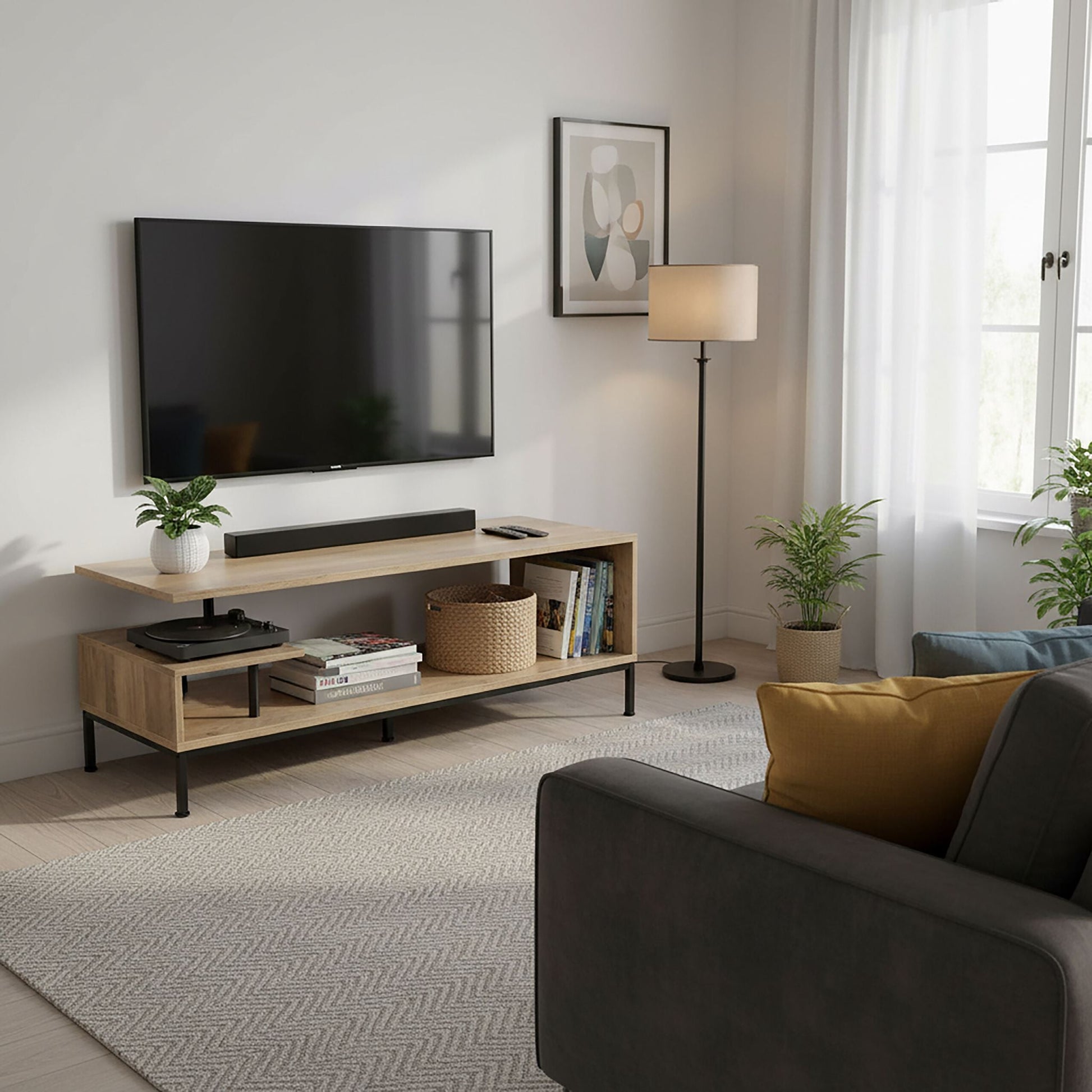 TV Lowboard bis 55 Zoll Hellbraun-Schwarz von Relaxdays
