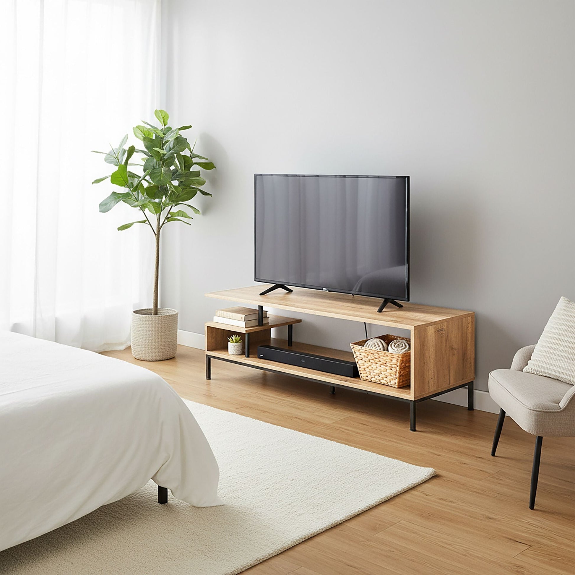 TV Lowboard bis 55 Zoll Hellbraun-Schwarz von Relaxdays