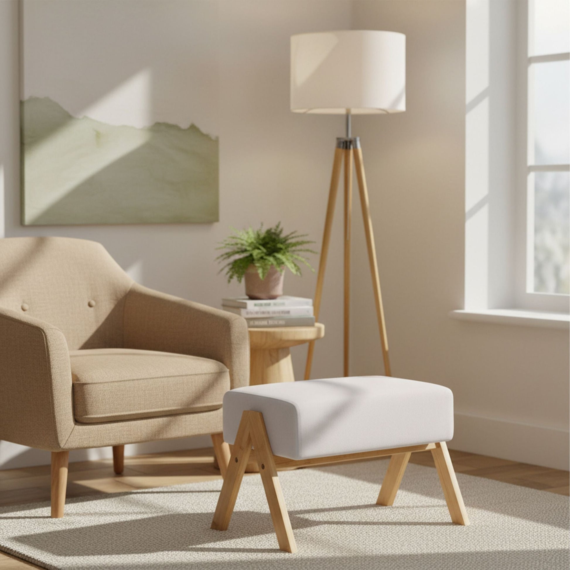 Fusshocker Bambus & Stoff Creme-Hellbraun von Relaxdays