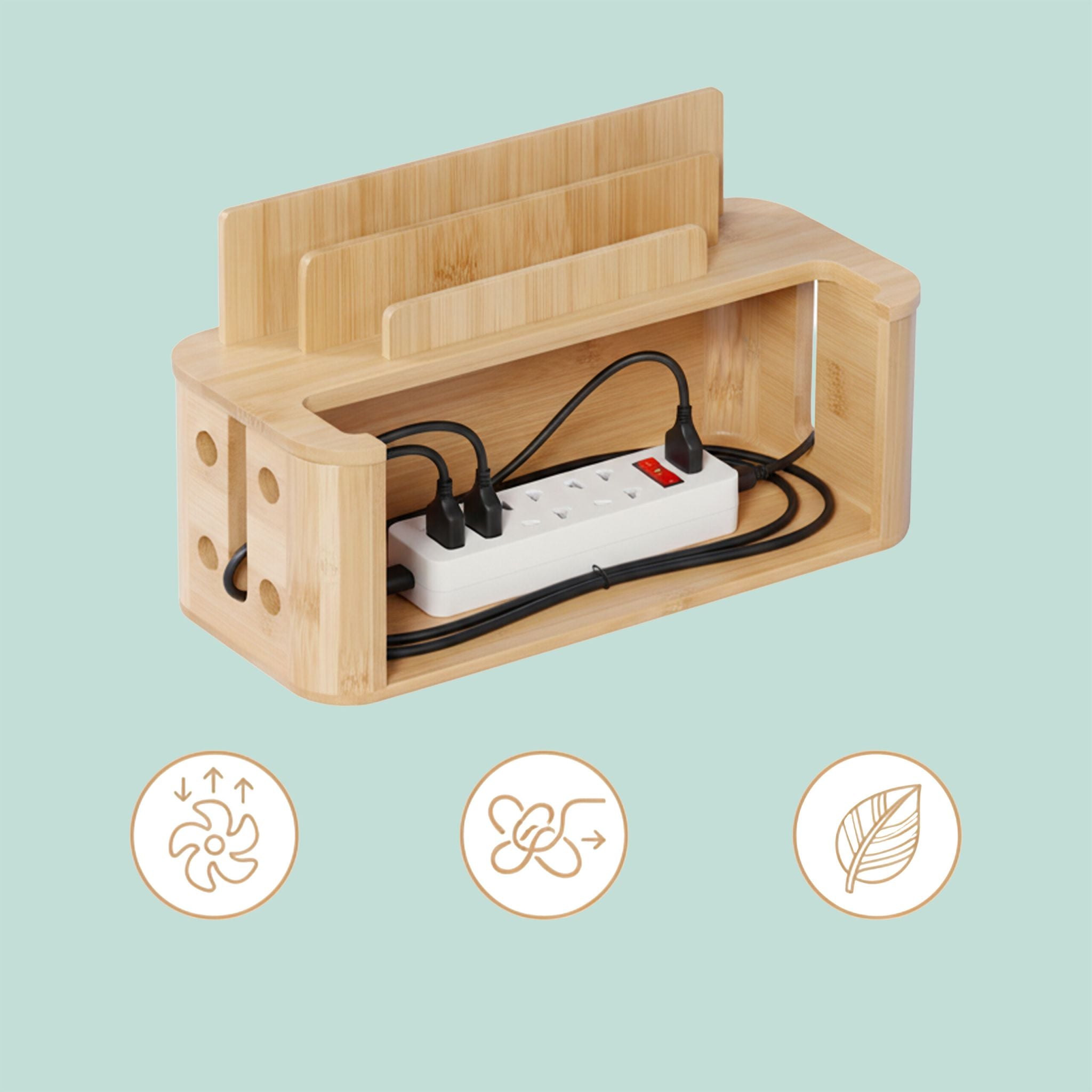 Kabelbox mit Handyhalter Bambus Hellbraun von Relaxdays