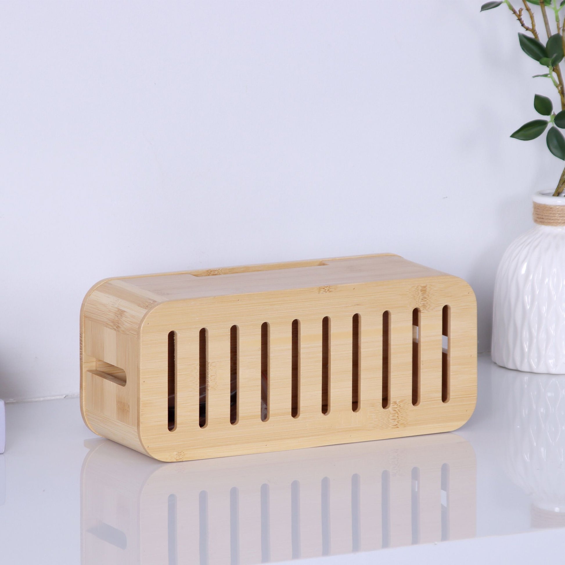 Kabelbox mit Handyhalter Bambus Hellbraun von Relaxdays
