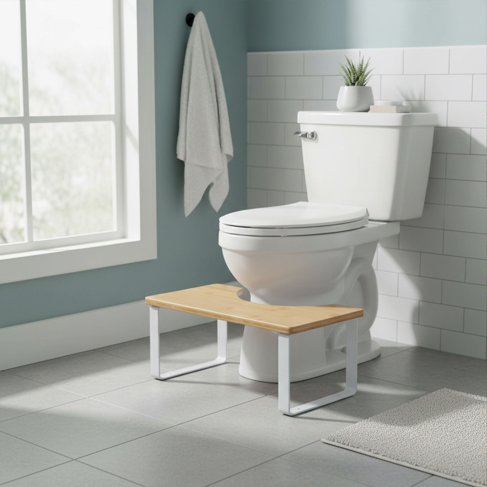 Toilettenhocker Bambus & Metall Weiss-Hellbraun von Relaxdays