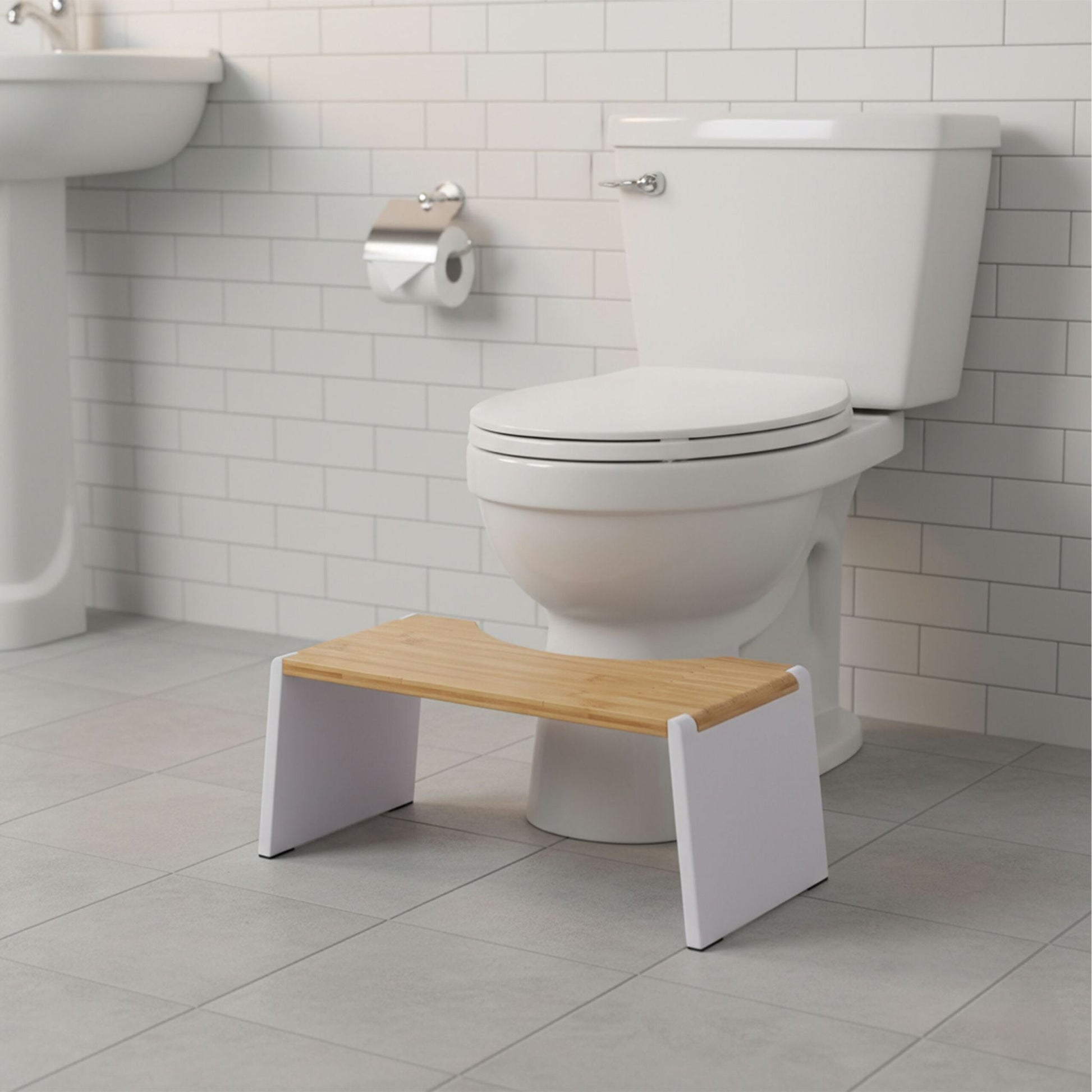 Klappbarer Toilettenhocker Bambus Weiss-Hellbraun von Relaxdays