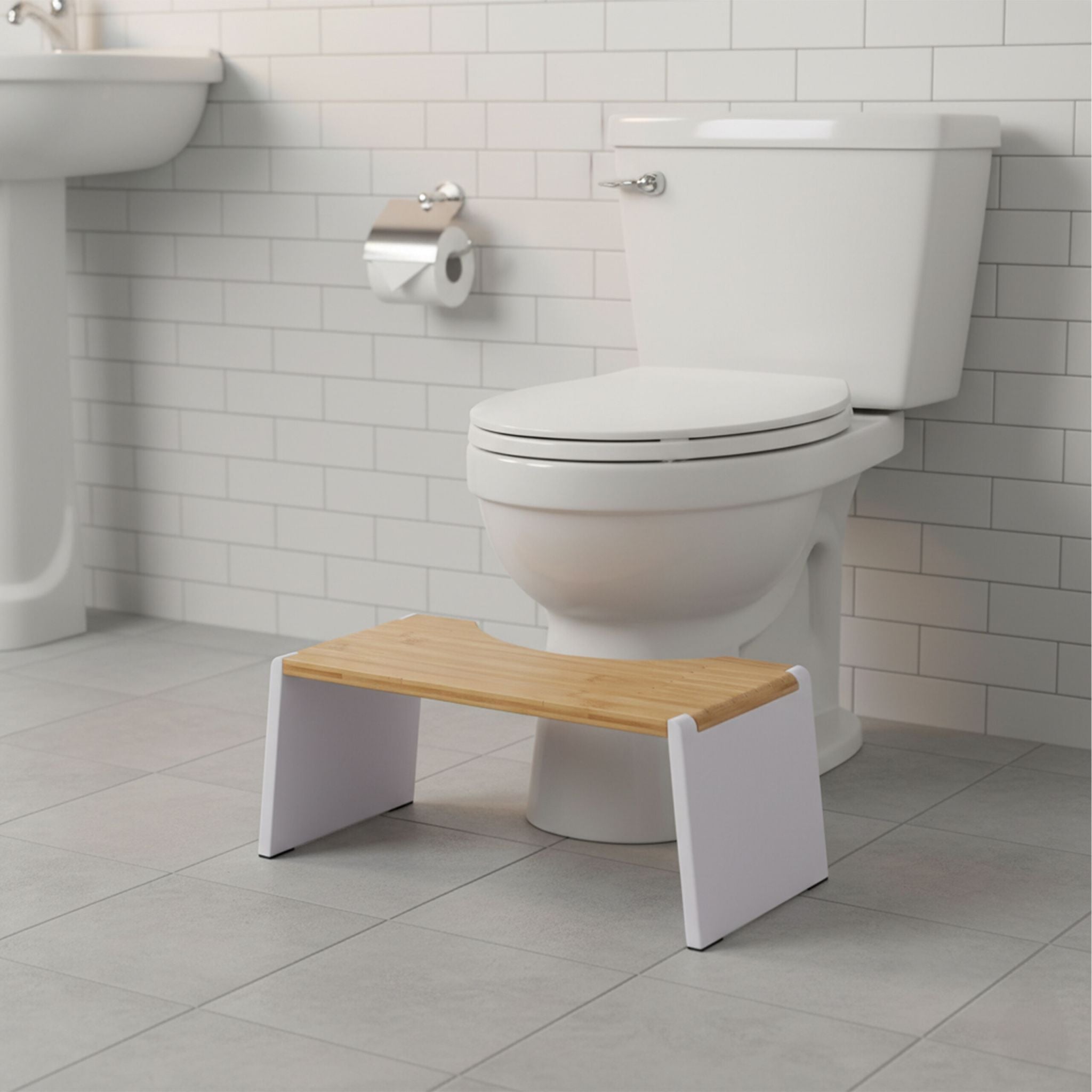 Klappbarer Toilettenhocker Bambus Weiss-Hellbraun von Relaxdays