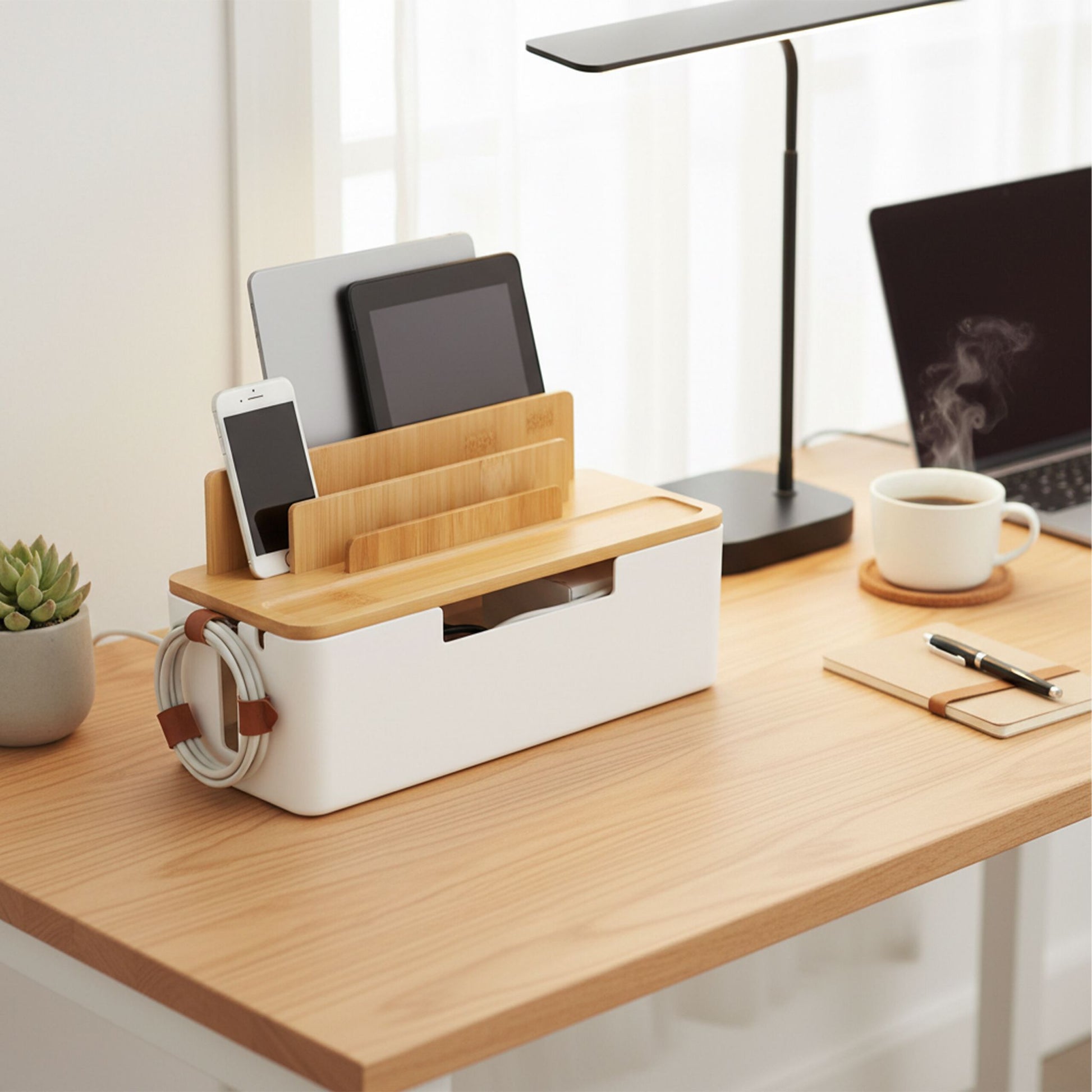 Kabelbox mit Handyhalter Weiss-Hellbraun von Relaxdays