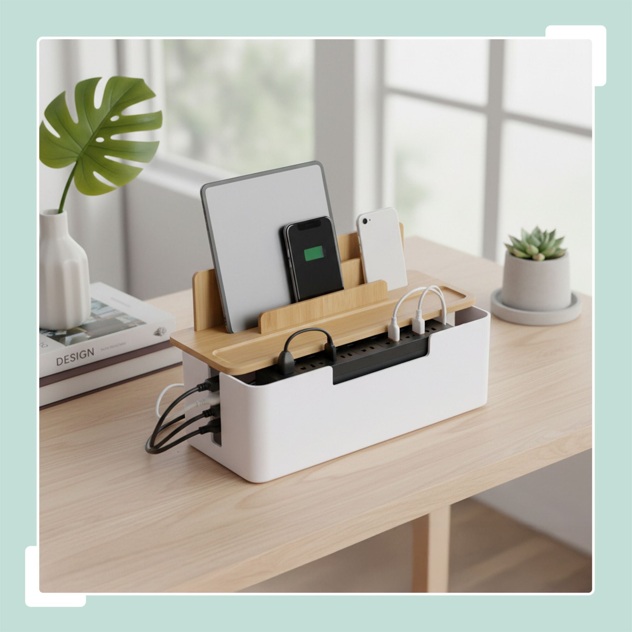 Kabelbox mit Handyhalter Weiss-Hellbraun von Relaxdays