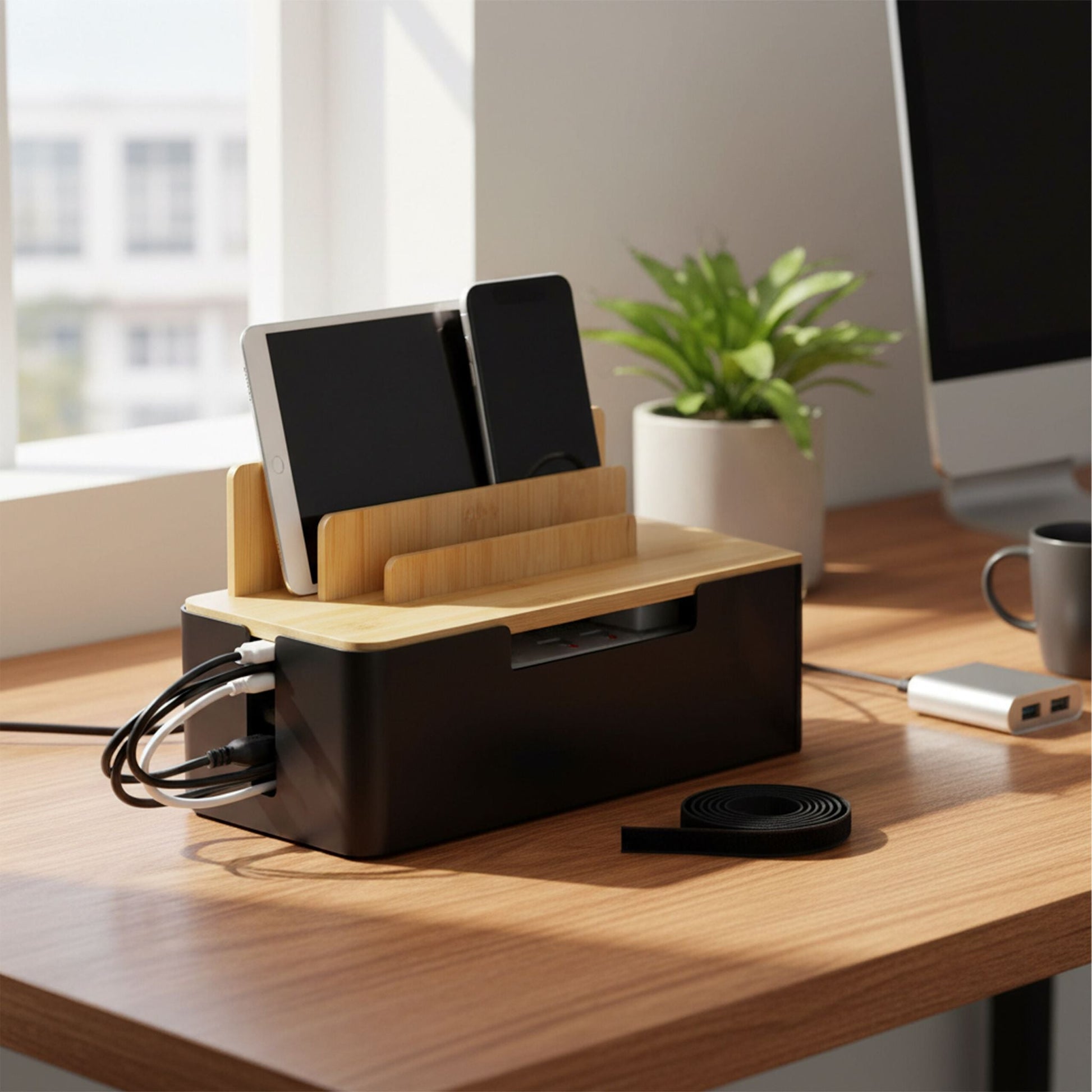 Kabelbox mit Handyhalter Hellbraun-Schwarz von Relaxdays