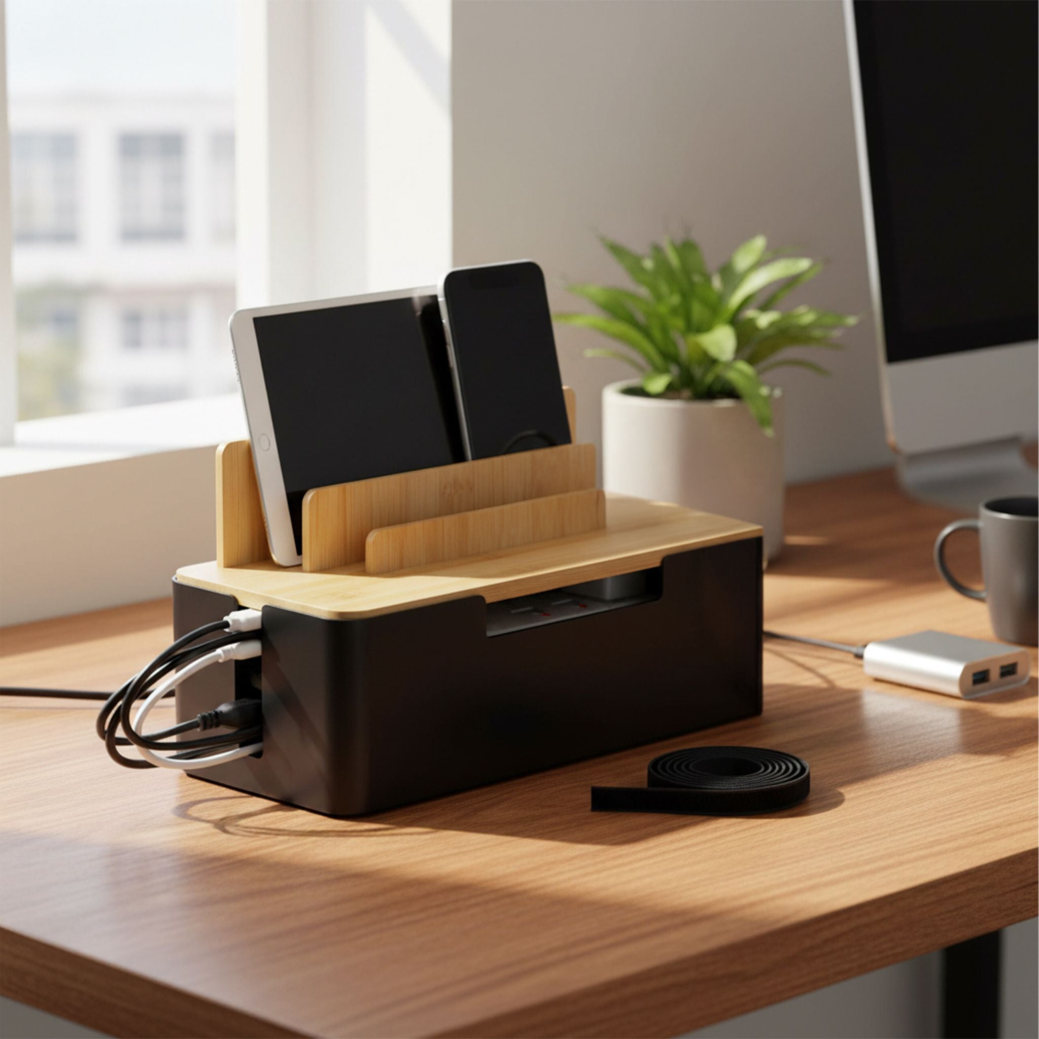 Kabelbox mit Handyhalter Hellbraun-Schwarz von Relaxdays