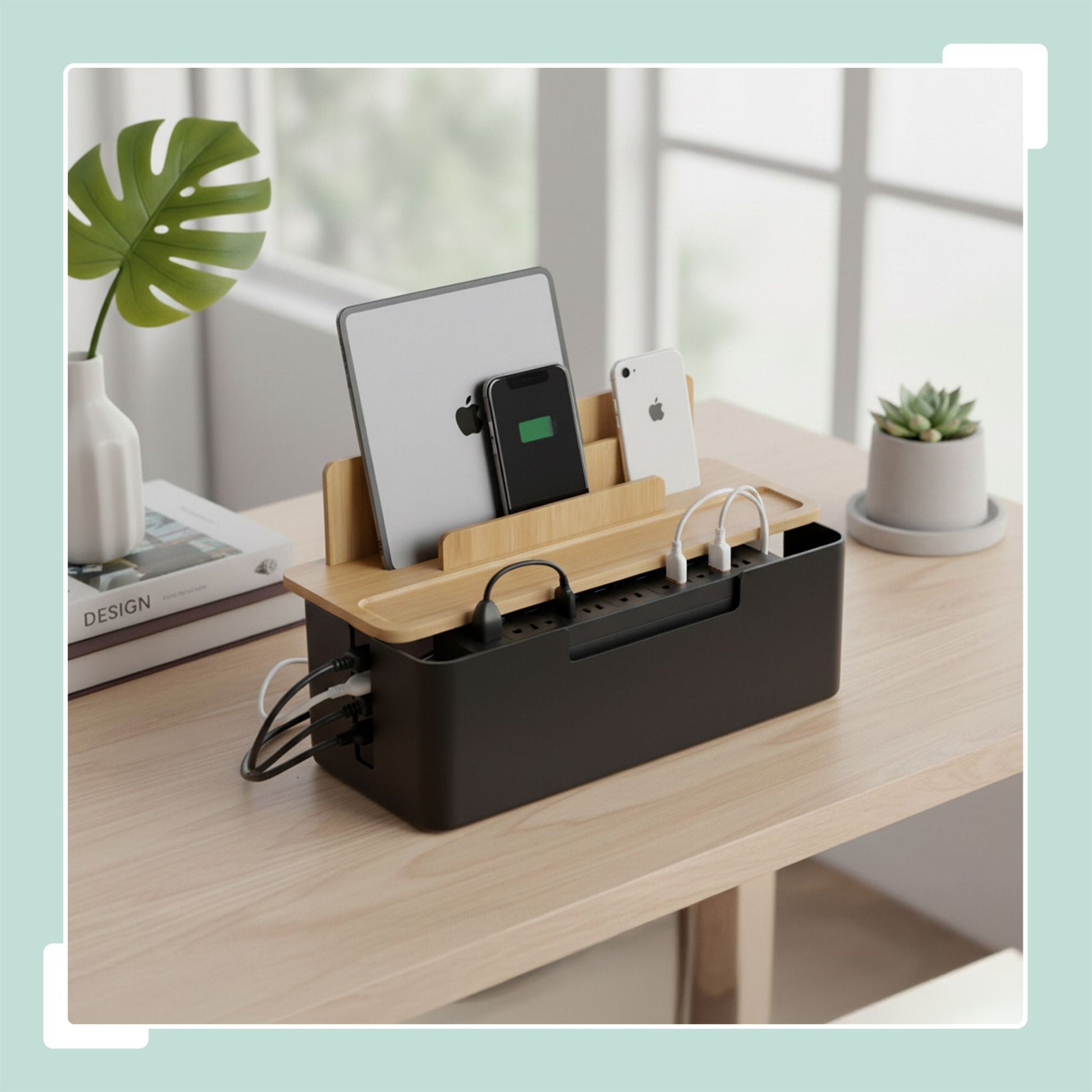 Kabelbox mit Handyhalter Hellbraun-Schwarz von Relaxdays