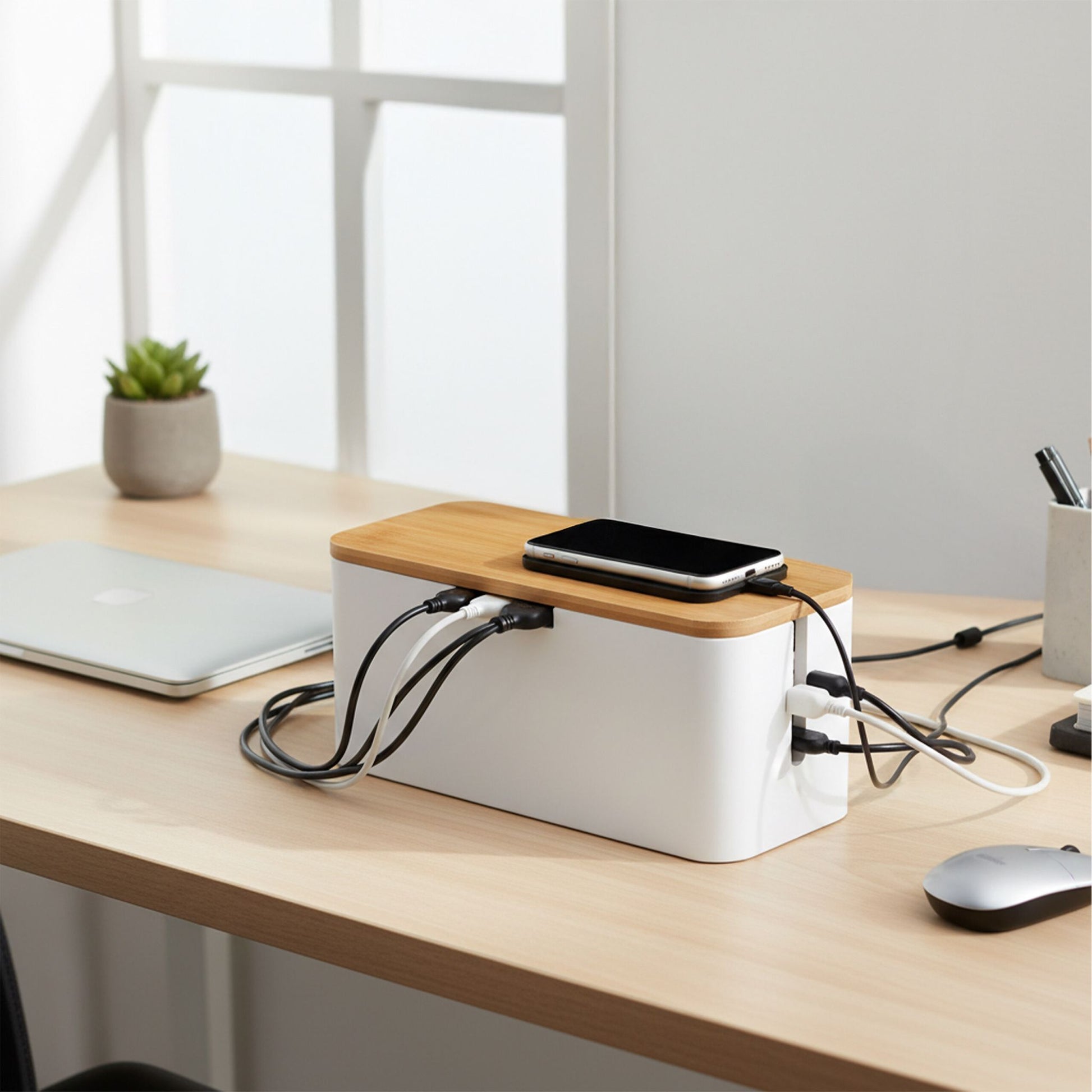 Kabelbox Bambus Weiss-Hellbraun von Relaxdays