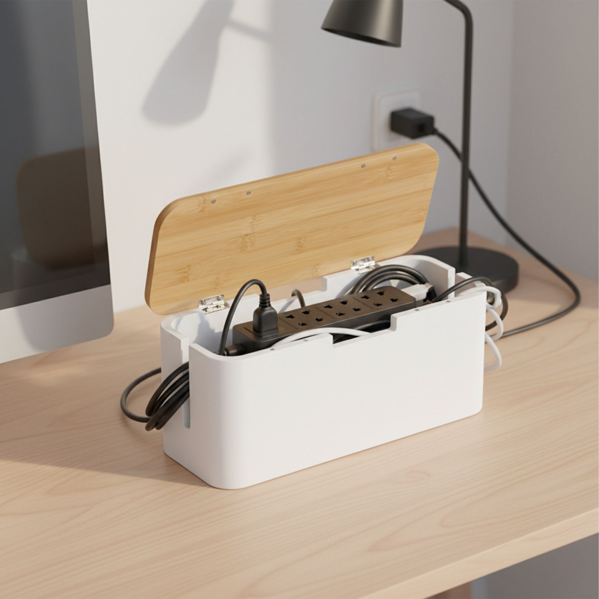 Kabelbox Bambus Weiss-Hellbraun von Relaxdays