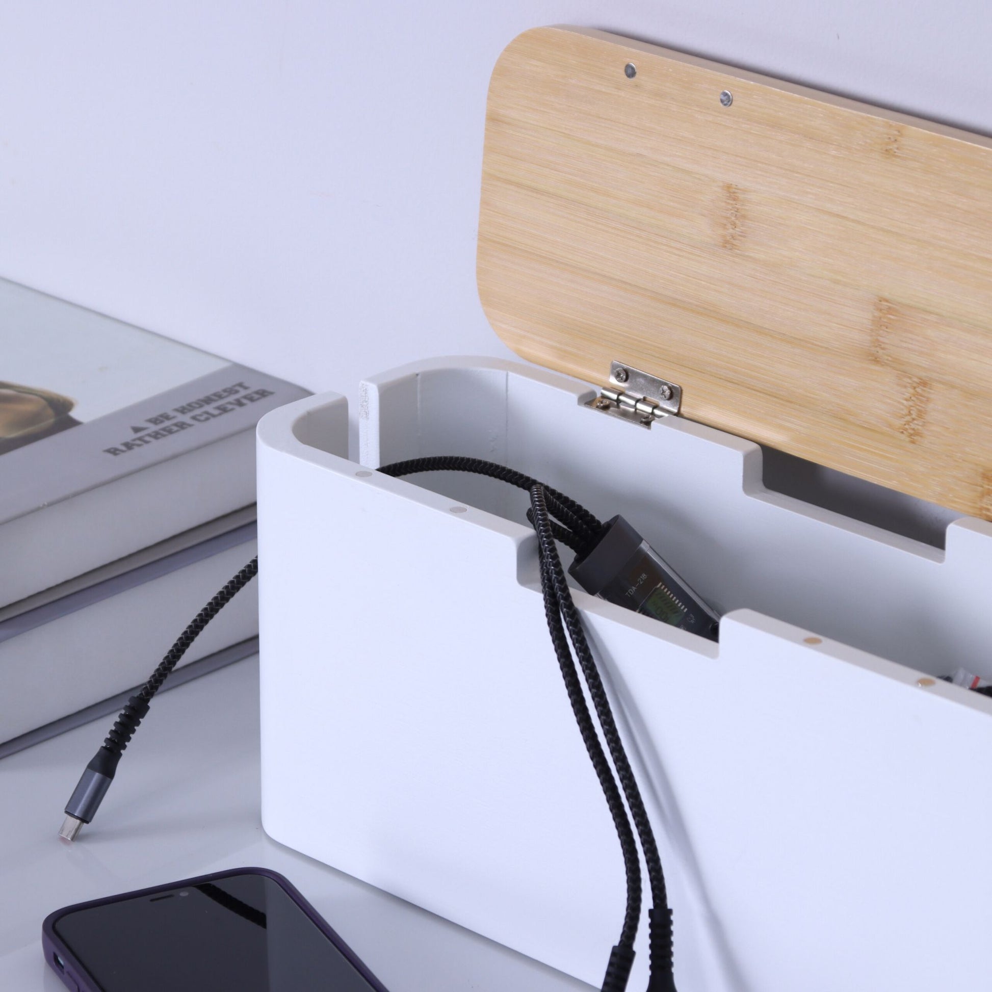 Kabelbox Bambus Weiss-Hellbraun von Relaxdays
