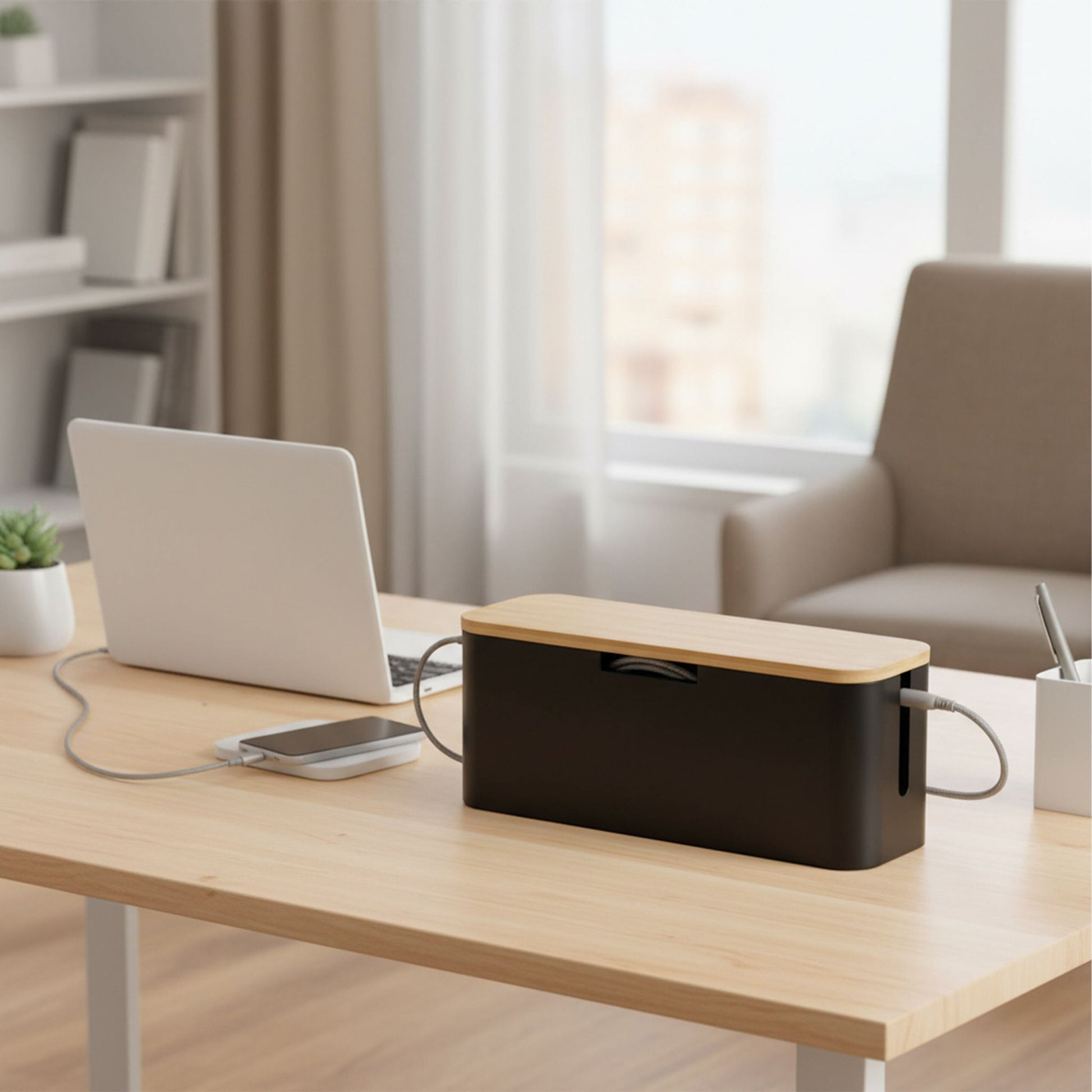 Kabelbox Bambus Hellbraun-Schwarz von Relaxdays