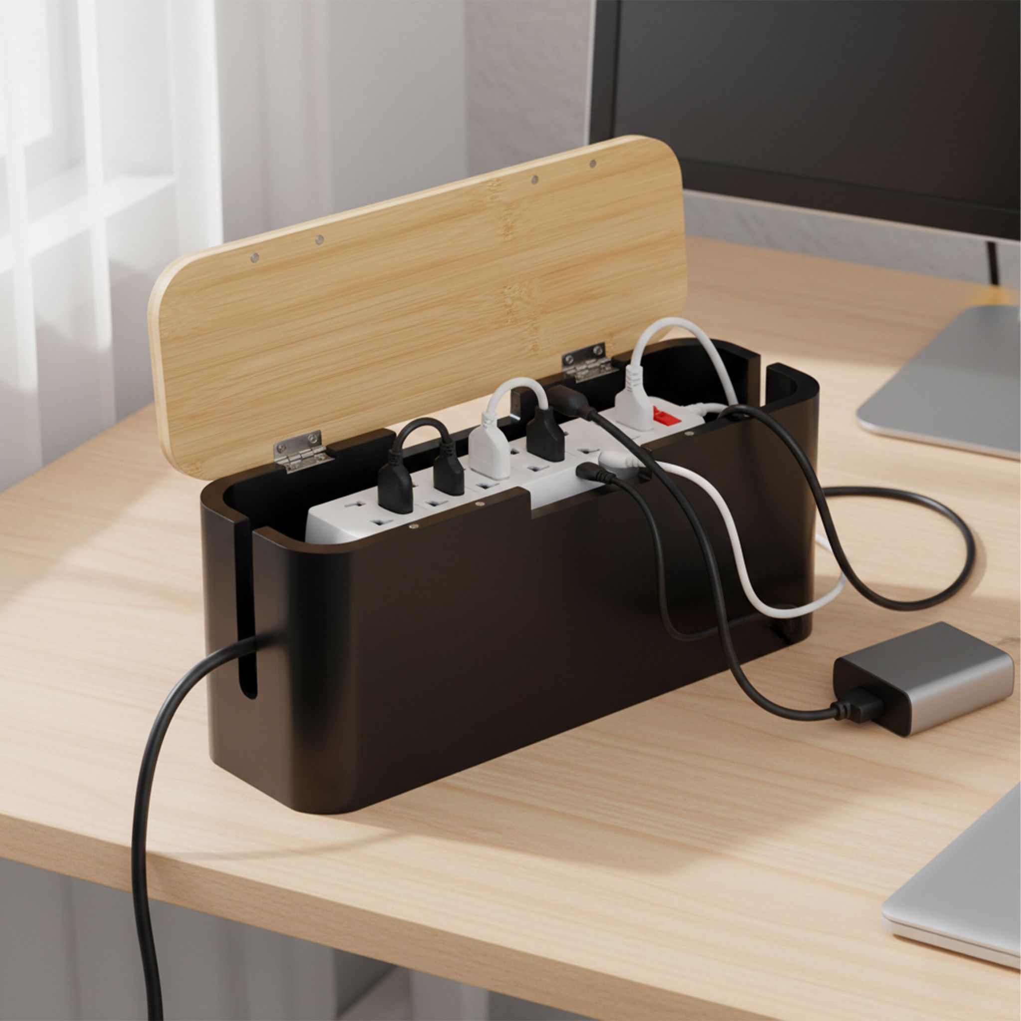 Kabelbox Bambus Hellbraun-Schwarz von Relaxdays