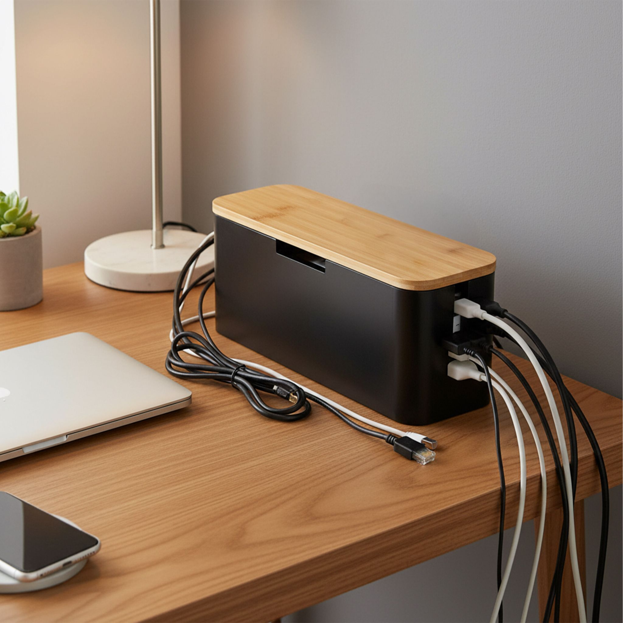 Kabelbox Bambus Hellbraun-Schwarz von Relaxdays