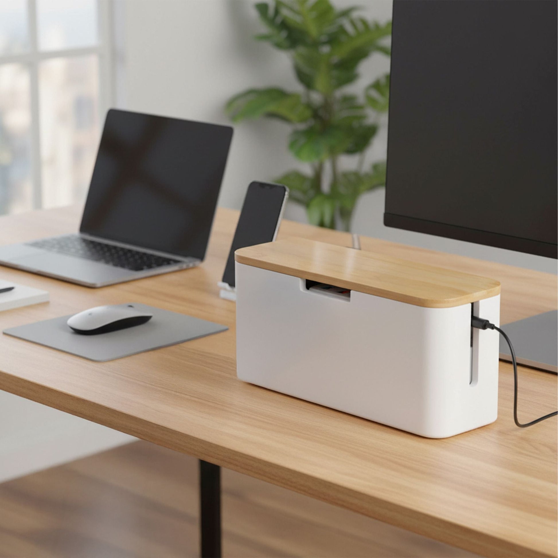 Kabelbox Bambus Weiss-Hellbraun von Relaxdays