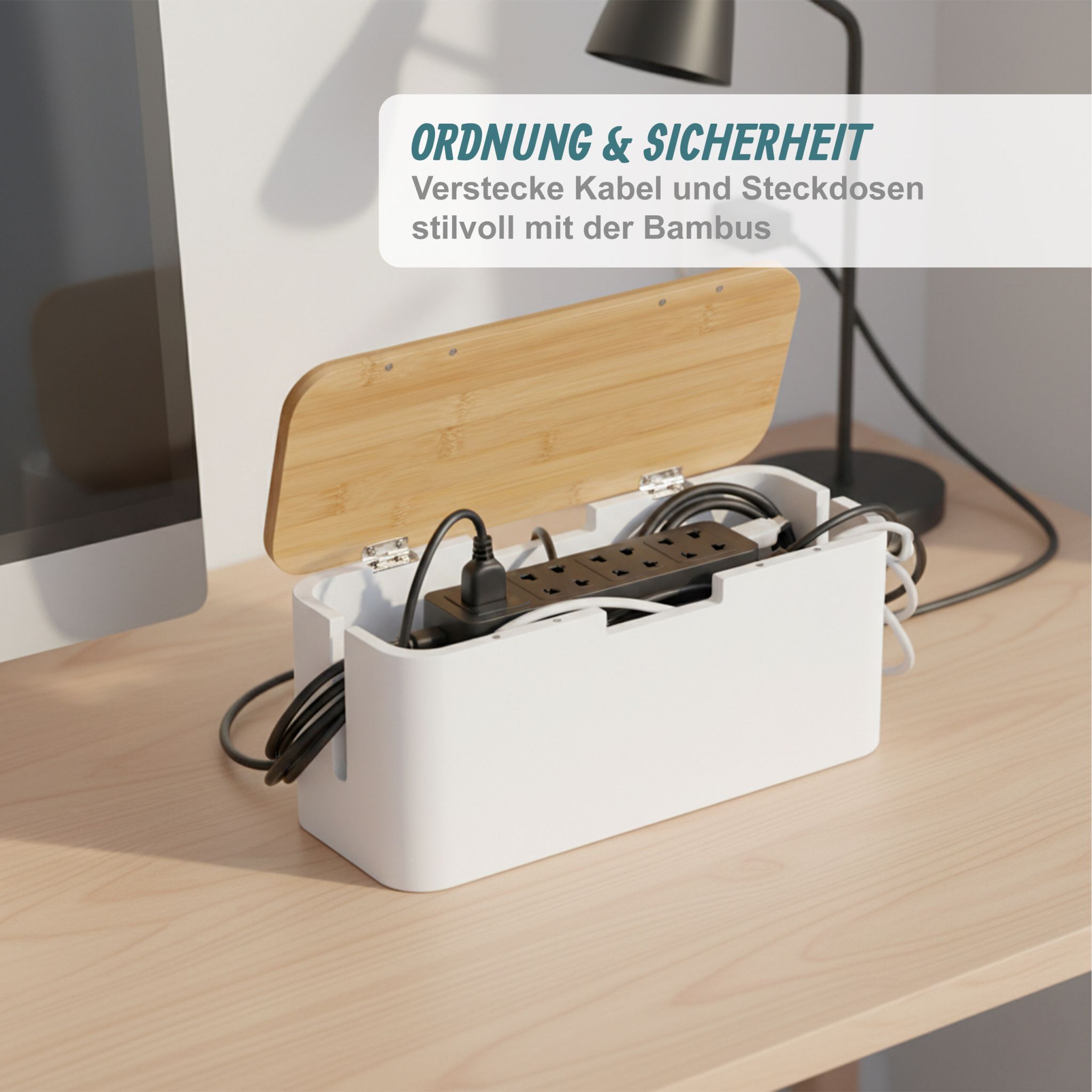Kabelbox Bambus Weiss-Hellbraun von Relaxdays
