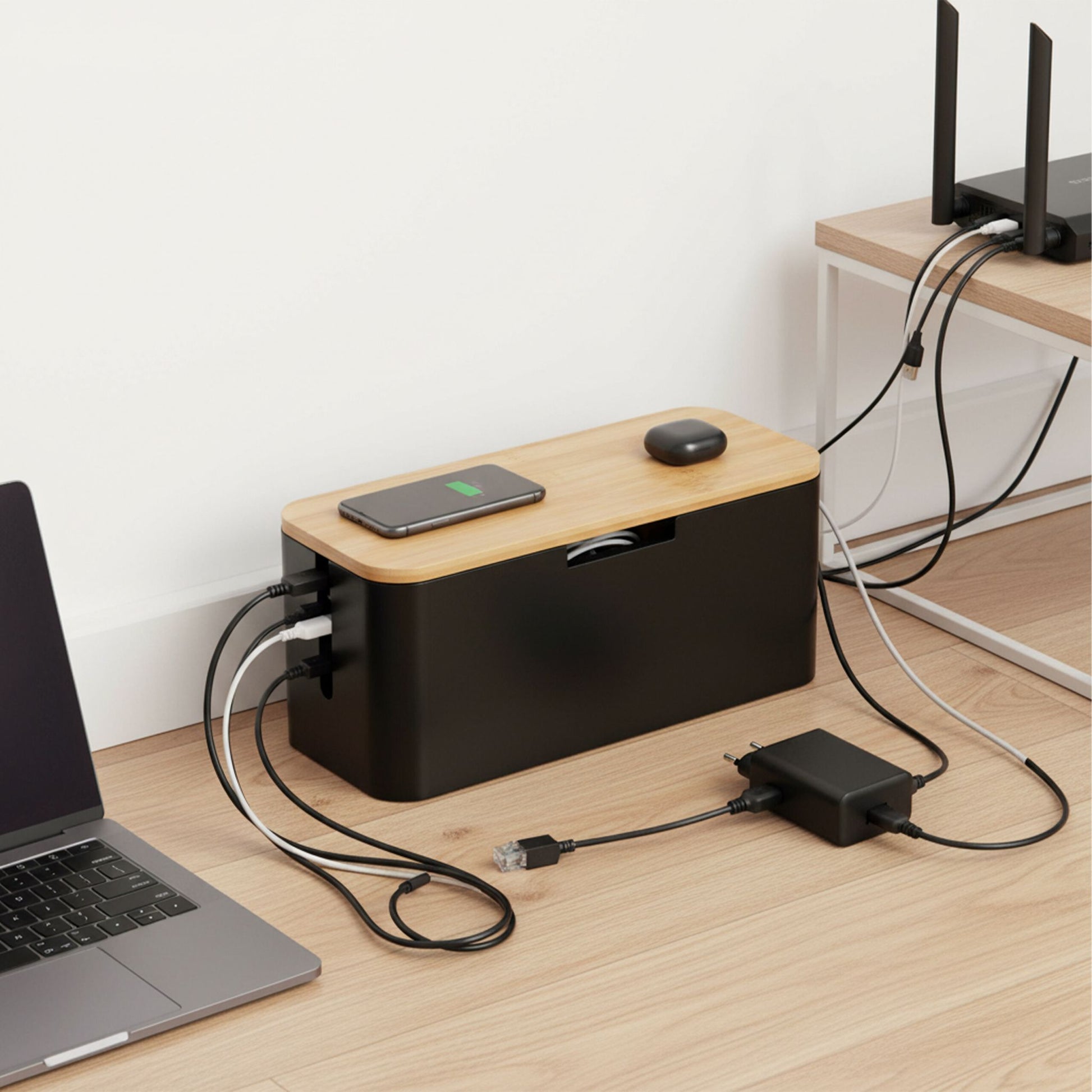 Kabelbox Bambus Hellbraun-Schwarz von Relaxdays