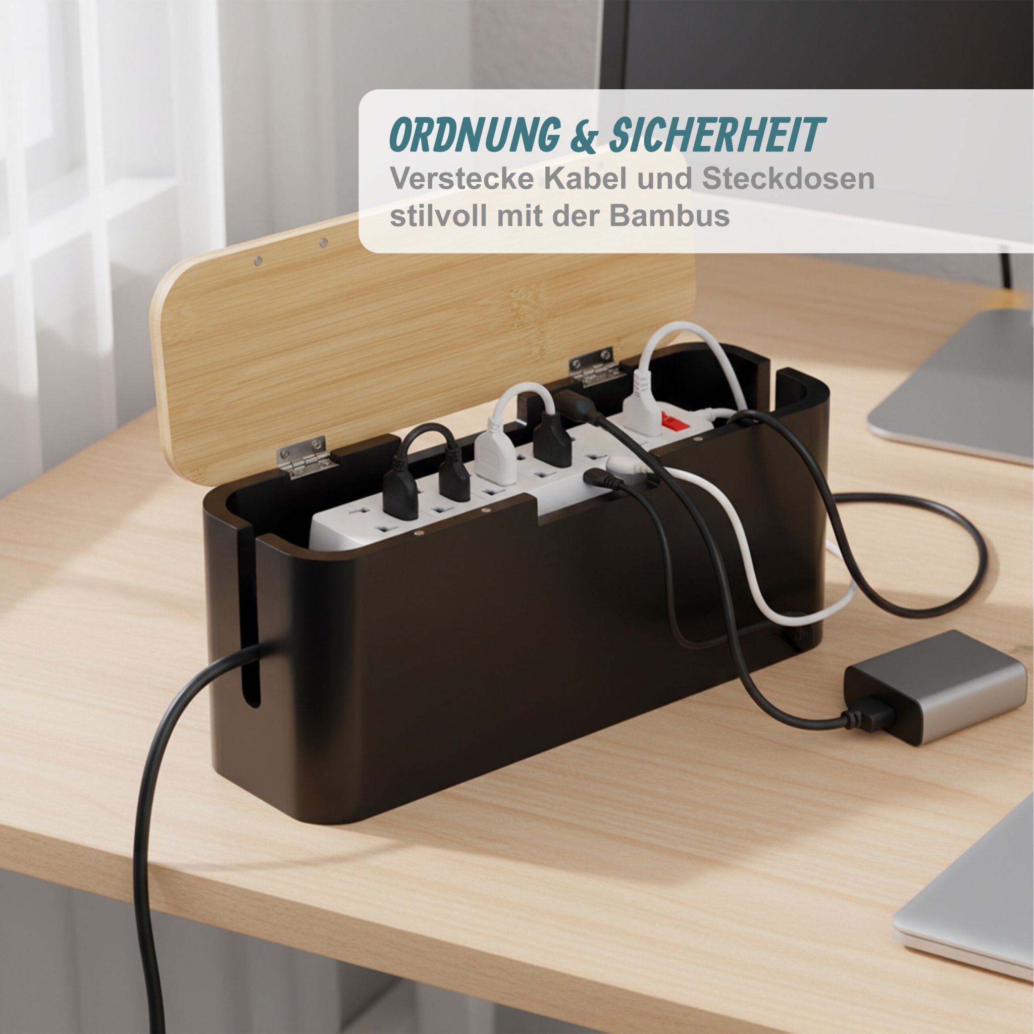 Kabelbox Bambus Hellbraun-Schwarz von Relaxdays