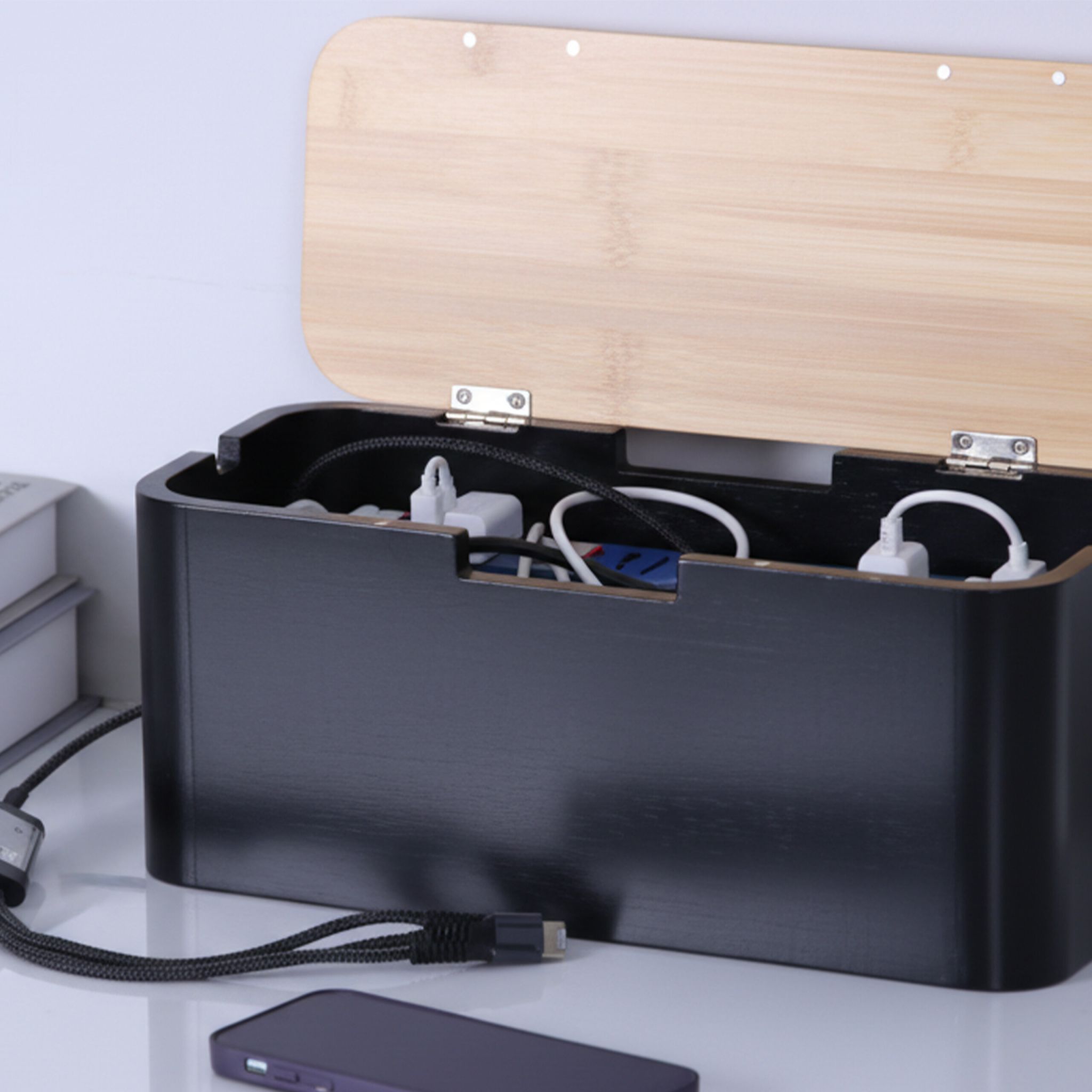Kabelbox Bambus Hellbraun-Schwarz von Relaxdays