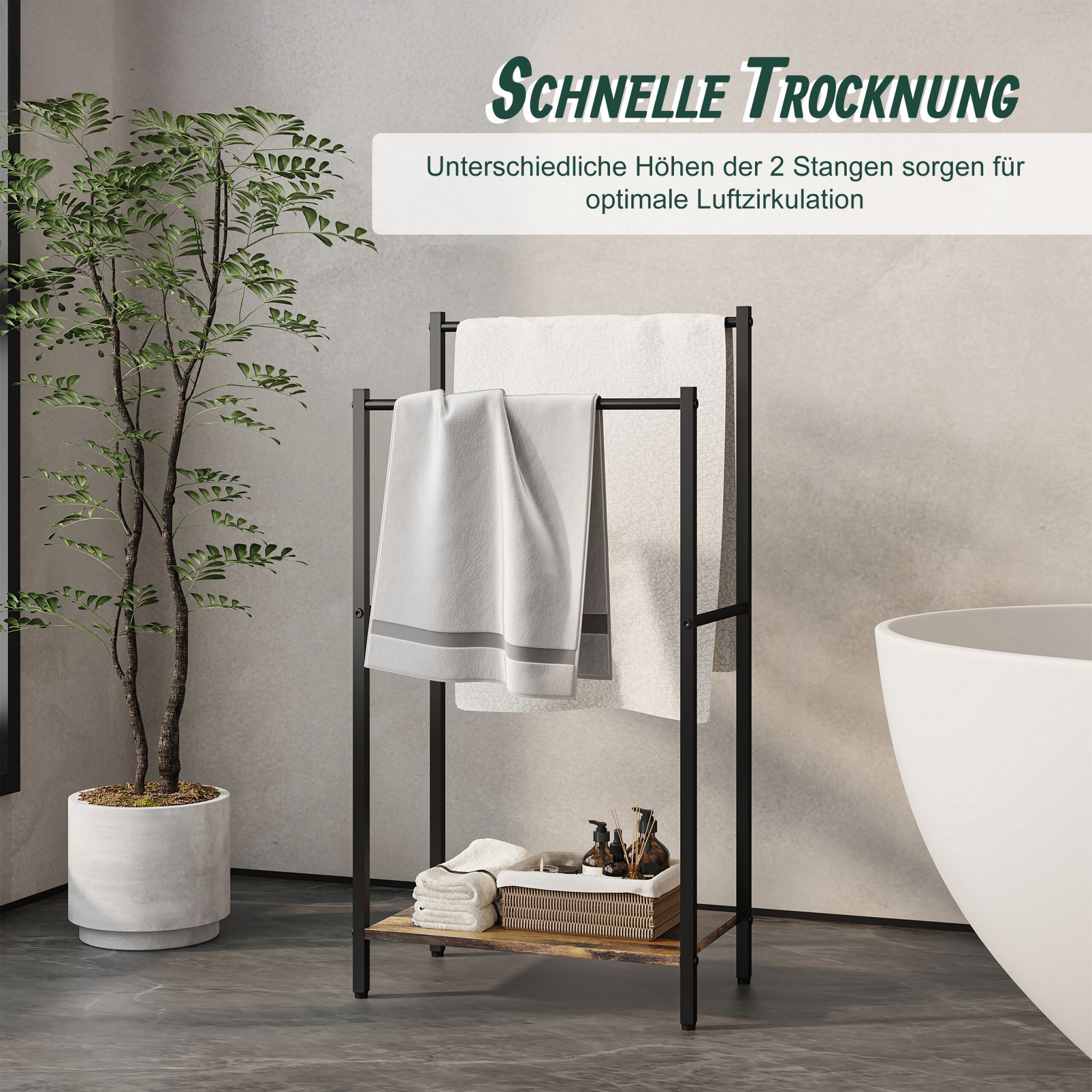 Handtuchständer mit Ablage Dunkelbraun-Schwarz von Relaxdays